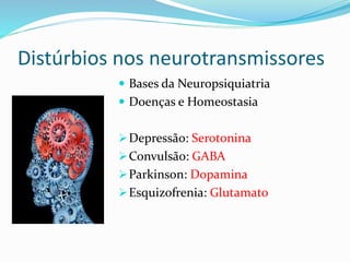 Distúrbios nos neurotransmissores
 Bases da Neuropsiquiatria
 Doenças e Homeostasia
Depressão: Serotonina
Convulsão: GABA
Parkinson: Dopamina
Esquizofrenia: Glutamato
 