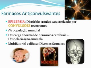 Fármacos Anticonvulsivantes
 EPILEPSIA: Distúrbio crônico caracterizado por
CONVULSÕES recorrentes
 1% população mundial
 Descarga anormal de neurônios cerebrais –
Despolarização anômala
 Multifatorial e difusa: Diversos fármacos
 