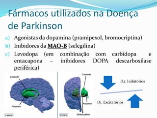 Fármacos utilizados na Doença
de Parkinson
a) Agonistas da dopamina (pramipexol, bromocriptina)
b) Inibidores da MAO-B (selegilina)
c) Levodopa (em combinação com carbidopa e
entacapona – inibidores DOPA descarboxilase
periférica)
D2: Inibitórios
D1: Excitatórios
 