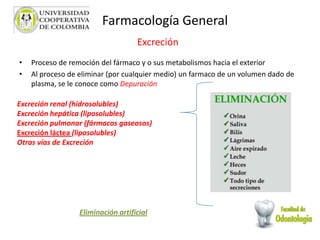 Excreción
• Proceso de remoción del fármaco y o sus metabolismos hacia el exterior
• Al proceso de eliminar (por cualquier medio) un farmaco de un volumen dado de
plasma, se le conoce como Depuración
Farmacología General
Excreción renal (hidrosolubles)
Excreción hepática (liposolubles)
Excreción pulmonar (fármacos gaseosos)
Excreción láctea (liposolubles)
Otras vías de Excreción
Eliminación artificial
 
