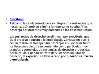 • Exocitosis
• Así como la célula introduce a su citoplasma sustancias que
necesita, así tambien elimina las que ya no necsita. Y las
descarga por procesos muy parecidos a los de introducción.
Las sustancias de desecho se eliminan por exocitosis, que
es el proceso opuesto a la endocitosis. Consiste en que la
célula realiza un trabajo para descargar a su exterior tanto
los lisosomas viejos y su contenido como particulas muy
grandes y complejas de sustancias de desecho producidas
por la célula. Cuando se trata de sustancias liquidas de
desecho, la expulsion se lleva a cabo por pinocitosis inversa
o emiositosis.
 