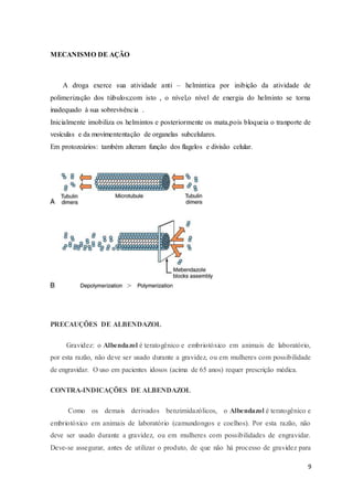 9
MECANISMO DE AÇÃO
A droga exerce sua atividade anti – helmintica por inibição da atividade de
polimerização dos túbulos;com isto , o nível,o nível de energia do helminto se torna
inadequado à sua sobrevivência .
Inicialmente imobiliza os helmintos e posteriormente os mata,pois bloqueia o tranporte de
vesículas e da movimententação de organelas subcelulares.
Em protozoários: também alteram função dos flagelos e divisão celular.
PRECAUÇÕES DE ALBENDAZOL
Gravidez: o Albendazol é teratogênico e embriotóxico em animais de laboratório,
por esta razão, não deve ser usado durante a gravidez, ou em mulheres com possibilidade
de engravidar. O uso em pacientes idosos (acima de 65 anos) requer prescrição médica.
CONTRA-INDICAÇÕES DE ALBENDAZOL
Como os demais derivados benzimidazólicos, o Albendazol é teratogênico e
embriotóxico em animais de laboratório (camundongos e coelhos). Por esta razão, não
deve ser usado durante a gravidez, ou em mulheres com possibilidades de engravidar.
Deve-se assegurar, antes de utilizar o produto, de que não há processo de gravidez para
 