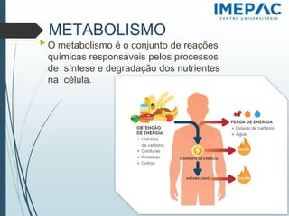 METABOLISMO
▶ O metabolismo é o conjunto de reações
químicas responsáveis pelos processos
de síntese e degradação dos nutrientes
na célula.
 
