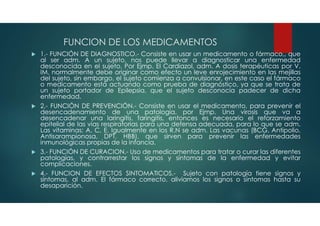 FUNCION DE LOS MEDICAMENTOS
 1.- FUNCIÓN DE DIAGNOSTICO.- Consiste en usar un medicamento o fármaco,, que
al ser adm. A un sujeto, nos puede llevar a diagnosticar una enfermedad
desconocida en el sujeto. Por Ejmp. El Cardiazol, adm. A dosis terapéuticas por V.
IM, normalmente debe originar como efecto un leve enrojecimiento en las mejillas
del sujeto, sin embargo, el sujeto comienza a convulsionar, en este caso el fármaco
o medicamento está actuando como prueba de diagnóstico, ya que se trata de
un sujeto portador de Epilepsia, que el sujeto desconocía padecer de dicha
enfermedad.
 2.- FUNCIÓN DE PREVENCIÓN.- Consiste en usar el medicamento, para prevenir el
desencadenamiento de una patología, por Ejmp. Una virosis que va a
desencadenar una laringitis, faringitis, entonces es necesario el reforzamiento
epitelial de las vías respiratorias para una defensa adecuada, para lo que se adm.
Las vitaminas: A, C, E. Igualmente en los R.N se adm. Las vacunas (BCG, Antipolio,
Antisarampionosa, DPT, HBB), que sirven para prevenir las enfermedades
inmunológicas propias de la infancia.
 3.- FUNCIÓN DE CURACION.- Uso de medicamentos para tratar o curar las diferentes
patologías, y contrarrestar los signos y síntomas de la enfermedad y evitar
complicaciones.
 4.- FUNCION DE EFECTOS SINTOMATICOS.- Sujeto con patología tiene signos y
síntomas, al adm. El fármaco correcto, aliviamos los signos o síntomas hasta su
desaparición.
 