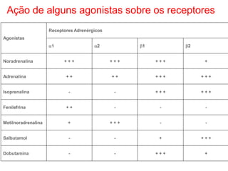 Ação de alguns agonistas sobre os receptores
Agonistas
Receptores Adrenérgicos
1 2 1 2
Noradrenalina + + + + + + + + + +
Adrenalina + + + + + + + + + +
Isoprenalina - - + + + + + +
Fenilefrina + + - - -
Metilnoradrenalina + + + + - -
Salbutamol - - + + + +
Dobutamina - - + + + +
 