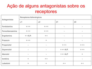 Antagonistas
Receptores Adrenérgicos
1 2 1 2
Fentolamina + + + + + + - -
Fenoxibenzamina + + + + + + - -
Ergotamina + + A.P. + + - -
Prazocin + + + + - -
Propanolol - - + + + + + +
Oxprenolol - - + + + A.P. + + +
Atenolol - - + + + A.P +
Iombina + + + - -
Labetolol + + + + + +
Ação de alguns antagonistas sobre os
receptores
 