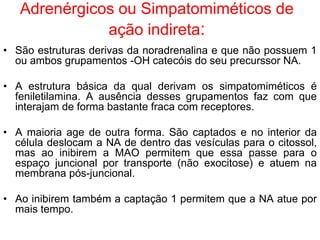Adrenérgicos ou Simpatomiméticos de
ação indireta:
• São estruturas derivas da noradrenalina e que não possuem 1
ou ambos grupamentos -OH catecóis do seu precurssor NA.
• A estrutura básica da qual derivam os simpatomiméticos é
feniletilamina. A ausência desses grupamentos faz com que
interajam de forma bastante fraca com receptores.
• A maioria age de outra forma. São captados e no interior da
célula deslocam a NA de dentro das vesículas para o citossol,
mas ao inibirem a MAO permitem que essa passe para o
espaço juncional por transporte (não exocitose) e atuem na
membrana pós-juncional.
• Ao inibirem também a captação 1 permitem que a NA atue por
mais tempo.
 