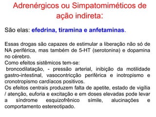 Adrenérgicos ou Simpatomiméticos de
ação indireta:
São elas: efedrina, tiramina e anfetaminas.
Essas drogas são capazes de estimular a liberação não só de
NA periférica, mas também de 5-HT (serotonina) e dopamina
no cérebro.
Como efeitos sistêmicos tem-se:
broncodilatação, - pressão arterial, inibição da motilidade
gastro-intestinal, vasocontricção periférica e inotropismo e
cronotropismo cardíacos positivos.
Os efeitos centrais produzem falta de apetite, estado de vigília
/ atenção, euforia e excitação e em doses elevadas pode levar
a síndrome esquizofrênico símile, alucinações e
comportamento estereotipado.
 