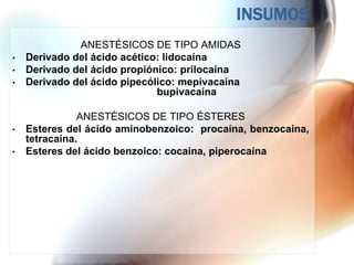 INSUMOS
              ANESTÉSICOS DE TIPO AMIDAS
•   Derivado del ácido acético: lidocaína
•   Derivado del ácido propiónico: prilocaína
•   Derivado del ácido pipecólico: mepivacaína
                              bupivacaína

               ANESTÉSICOS DE TIPO ÉSTERES
•   Esteres del ácido aminobenzoico: procaína, benzocaina,
    tetracaína.
•   Esteres del ácido benzoico: cocaína, piperocaína
 