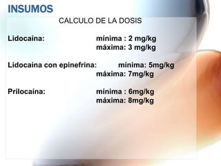 INSUMOS
              CALCULO DE LA DOSIS

Lidocaína:             mínima : 2 mg/kg
                       máxima: 3 mg/kg

Lidocaína con epinefrina:     mínima: 5mg/kg
                         máxima: 7mg/kg

Prilocaína:            mínima : 6mg/kg
                       máxima: 8mg/kg
 