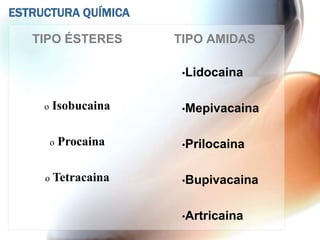 ESTRUCTURA QUÍMICA

   TIPO ÉSTERES         TIPO AMIDAS

                         •Lidocaina


     o   Isobucaina      •Mepivacaina


         o   Procaina    •Prilocaina


     o   Tetracaina      •Bupivacaina


                         •Artricaina
 