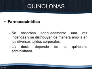 • Farmacocinética
– Se absorben adecuadamente una vez
ingeridas y se distribuyen de manera amplia en
los diversos tejidos corporales.
– La dosis depende de la quinolona
administrada.
QUINOLONAS
 