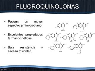 • Poseen un mayor
espectro antimicrobiano.
• Excelentes propiedades
farmacocinéticas.
• Baja resistencia y
escasa toxicidad.
FLUOROQUINOLONAS
 
