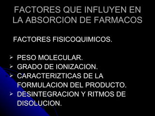 FACTORES QUE INFLUYEN EN LA ABSORCION DE FARMACOS <ul><li>FACTORES FISICOQUIMICOS. </li></ul><ul><li>PESO MOLECULAR. </li>...