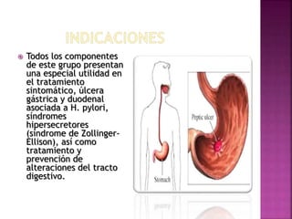 Todos los componentes
de este grupo presentan
una especial utilidad en
el tratamiento
sintomático, úlcera
gástrica y duodenal
asociada a H. pylori,
síndromes
hipersecretores
(síndrome de Zollinger-
Ellison), así como
tratamiento y
prevención de
alteraciones del tracto
digestivo.
 
