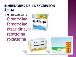  ANTIHISTAMINICOS H2:
Cimetidina,
famotidina,
nizatidina,
ranitidina,
roxatidina
 