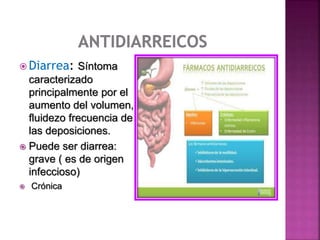  Diarrea: Síntoma
caracterizado
principalmente por el
aumento del volumen,
fluidezo frecuencia de
las deposiciones.
 Puede ser diarrea:
grave ( es de origen
infeccioso)
 Crónica
 