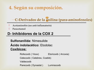 
 Acetaminofén (no anti-inflamatorio)
 Paracetamol
C-Derivados de la anilina (para-aminofenoles)
Sulfonanilida: Nimesulide
Coxíbicos:
Rofecoxib ( Vioxx) Etoricoxib ( Arcoxia)
Celecoxib ( Celebrex, Coabib)
Valdecoxib
Parecoxib ( Dynastat ) Lumiracoxib
Ácido indolacético: Etodolac
D- Inhibidores de la COX 2
4. Según su composición.
 