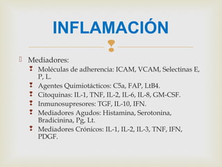 
 Mediadores:
 Moléculas de adherencia: ICAM, VCAM, Selectinas E,
P, L.
 Agentes Quimiotácticos: C5a, FAP, LtB4.
 Citoquinas: IL-1, TNF, IL-2, IL-6, IL-8, GM-CSF.
 Inmunosupresores: TGF, IL-10, IFN.
 Mediadores Agudos: Histamina, Serotonina,
Bradicinina, Pg, Lt.
 Mediadores Crónicos: IL-1, IL-2, IL-3, TNF, IFN,
PDGF.
INFLAMACIÓN
 