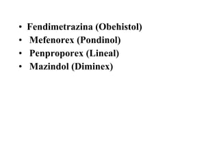 <ul><li>Fendimetrazina (Obehistol)  </li></ul><ul><li>Mefenorex (Pondinol)  </li></ul><ul><li>Penproporex (Lineal)  </li><...