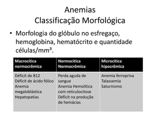 Anemias
            Classificação Morfológica
• Morfologia do glóbulo no esfregaço,
  hemoglobina, hematócrito e quantidade
  células/mm³.
 Macrocítica               Normocítica           Microcítica
 normocrômica              Normocrômica          hipocrômica

 Déficit de B12            Perda aguda de        Anemia ferropriva
 Déficit de ácido fólico   sangue                Talassemia
 Anemia                    Anemia Hemolítica     Saturnismo
 megaloblástica            com reticulocitose
 Hepatopatias              Déficit na produção
                           de hemácias
 