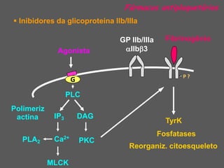Fármacos antiplaquetários
 Inibidores da glicoproteína IIb/IIIa

                                GP IIb/IIIa     Fibrinogênio
              Agonista           aIIbb3


                                                   -P?
                    G

                   PLC
Polimeriz
 actina      IP3        DAG
                                                TyrK
                                              Fosfatases
   PLA2      Ca2+       PKC
                                   Reorganiz. citoesqueleto

            MLCK
 