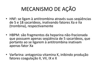 MECANISMO DE AÇÃO
• HNF: se ligam à antitrombina através suas seqüências
  de 5 e 18 sacarídeos, inativando fatores Xa e IIa
  (trombina), respectivamente

• HBPM: são fragmentos da heparina não-fracionada
  que possuem apenas seqüência de 5 sacarídeos, que
  portanto ao se ligarem à antitrombina inativam
  apenas fator Xa

• Varfarina: antagoniza vitamina K, inibindo produção
  fatores coagulação II, VII, IX e X
 