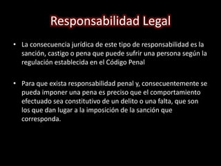 Responsabilidad Legal 
• La consecuencia jurídica de este tipo de responsabilidad es la 
sanción, castigo o pena que puede sufrir una persona según la 
regulación establecida en el Código Penal 
• Para que exista responsabilidad penal y, consecuentemente se 
pueda imponer una pena es preciso que el comportamiento 
efectuado sea constitutivo de un delito o una falta, que son 
los que dan lugar a la imposición de la sanción que 
corresponda. 
 