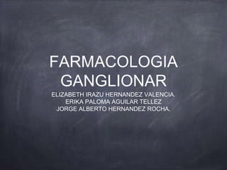 FARMACOLOGIA 
GANGLIONAR 
ELIZABETH IRAZU HERNANDEZ VALENCIA. 
ERIKA PALOMA AGUILAR TELLEZ 
JORGE ALBERTO HERNANDEZ ROCHA. 
 