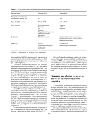 109
Tabla 7.1. Principales características de los mecanismos de captación de noradrenalina
Características Recaptación 1 Recaptación 2
Transporte de noradrenalina:
Velocidad máx (nmol/g / min) 1,2 100
Especificidad de sustratos NA>A>ISOP A>NA>ISOP
Otros sustratos Metilnoradrenalina Dopamina
Dopamina 5-HT
5-HT Histamina
Tiramina
Bloqueadores de la neurona
adrenérgica (ejemplo,
guanetidina)
Localización Membrana neuronal Membrana de las células no neuronales.
(ejemplo: músculo liso, músculo cardíaco,
endotelio vascular, etc.)
Inhibidores Cocaína Normetanefrina
Antidepresivos tricíclicos Glucocorticoides (prednisona)
(imipramina)
Anfetamina
Leyenda: NA: noradrenalina; A: adrenalina; ISOP: isoproterenol.
droximandélico (ADOM), que puede sufrir una reacción de
metilación por la COMT a ácido vanililmandélico. La MAO
puede oxidar también otras monoaminas, como la dopamina
y la 5-hidroxitriptamina.
La otra vía metabólica fundamental que siguen las
catecolaminas es la inactivación por la COMT, que se halla
localizada fundamentalmente en el citoplasma celular y está
ampliamente distribuida en todo el organismo, en especial
en el SNC. En la periferia, se encuentran grandes cantida-
des en el hígado y en el riñón, sin embargo, no se encuentra
o aparece en muy pequeñas cantidades en las terminacio-
nes nerviosas noradrenérgicas, por lo que se plantea que
esta enzima desempeña un papel importante en la
metabolización del neurotransmisor que es captado por el
mecanismo extraneuronal o recaptación 2, mientras que la
MAO metaboliza fundamentalmente el neurotransmisor que
es captado por la recaptación neuronal (recaptación 1).
La COMT provoca la metilación de uno de los grupos
catecol del neurotransmisor adrenérgico, y se obtiene un
metoxiderivado. El metabolito final de la inactivación de la
adrenalina y la noradrenalina por la COMT es el ácido
3-metoxi , 4 hidroximandélico (ácido vanililmandélico
[AVM]). Esto tiene una gran importancia en pacientes con
tumores de células cromafines (ejemplo, feocromocitoma),
ya que la excreción urinaria del AVM está muy incrementada
en estos casos, lo que puede ser usado como un método
diagnóstico.
Existen algunas diferencias en cuanto al curso que si-
gue el metabolismo de las catecolaminas en el SNC, con
respecto a la periferia, lo que se resume en la figura 7.7.
En la periferia predomina la rama oxidativa del metabo-
lismo, catalizada por la enzima aldehído deshidrogenasa, y
se obtiene el AVM como principal metabolito urinario. En el
SNC predomina a su vez la ramareductiva, catalizada por la
enzima aldehído reductasa, la que da origen como producto
final al 3-metoxi, 4 hidroxifenilglicol (MOPEG), el que se
conjuga con sulfato para ser finalmente eliminado por la
orina.
Fármacos que afectan los procesos
básicos de la neurotransmisión
simpática
A continuación abordaremos el estudio de aquellos
fármacos que de una forma u otra afectan cualquiera de los
pasos básicos de la neurotransmisión adrenérgica, la reper-
cusión fisiológica y la significación clínica que esto implica,
así como la utilidad terapéutica que poseen estas sustan-
cias gracias a sus acciones sobre las neuronas adrenérgicas.
Sustancias que afectan la síntesis de noradrenalina.
No son muy numerosos los ejemplos de sustancias que
afectan de manera significativa la síntesis del neu-
rotransmisor adrenérgico en cualquiera de sus etapas, y
menos las que tienen una verdadera repercusión clínica que
permita su empleo en el arsenal terapéutico actual.
Unimportanteinhibidordelaenzimatirosinahidroxilasa
(además de la noradrenalina) es laα-metiltirosina, la que al
ser administrada bloquea la síntesis de noradrenalina; por
 