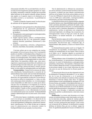 185
clínicamente tolerables. Por su actividad frente a los diver-
sos tipos de microorganismos pueden agruparse en: espec-
tro amplio, intermedio o reducido. Siempre que sea posible
deben utilizarse los de espectro reducido, porque mientras
más amplio es el espectro mayor es la alteración en la
microflora normal y se incrementa la posibilidad de
suprainfecciones.
Cuando se sospecha el agente causal, la selección pue-
de realizarse de las siguientes agrupaciones:
1. Principalmente contra grampositivos (bencilpenicilinas,
cefalosporinas de 1ra. generación, glicopéptidos,
macrólidos, lincosamidas, rifamicinas, bacitracina, áci-
do fusídico).
2. Principalmente contra gramnegativos (aminoglucósidos,
monobactámicos, polimixinas).
3. Amplio espectro (amino, carboxi y ureidopenicilinas,
cefalosporinas de 2da. 3ra. y 4ta. generación, carbape-
némicos, fenicoles, quinolonas, cotrimoxazol y tetra-
ciclinas).
4. Anaerobios (penicilinas, cefoxitina, carbapenémicos,
fenicoles, macrólidos, lincosamidas, metronidazol).
Conviene aclarar que no son categorías tan exactas,
por ejemplo, laNeisseria gonorrhoeae y la N. meningitidis
pueden ser sensibles a la bencilpenicilina, elStaphylococcus
aureus cuando es sensible a la meticilina (SASM) puede
tratarse con aminoglucósidos. Pero además, influyen otros
factores, por ejemplo, los aminoglucósidos no tienen acti-
vidad frente a los anaerobios, debido a que estos micro-
organismos requieren para desarrollarse de ambientes con
un potencial bajo de óxido-reducción que se logra en con-
diciones de pH bajo, destrucción hística, etcétera, precisa-
mente en este medio los aminoglucósidos son inactivados.
Farmacocinética. Conocer de los procesos de absor-
ción, distribución, biotransformación y excreción de los
antimicrobianostienemuchovaloreneléxitodeltratamiento.
La vía de administración está en dependencia de la
absorción y de la gravedad de la infección. En las infeccio-
nes severas se utiliza la vía parenteral: e.v. lenta o en infu-
sión continua para efecto inmediato, i.m. si existen prepara-
ciones disponibles (se debe tener en cuenta que la absor-
ción por esta vía disminuye si la irrigación en el sitio de
administración está alterada por shock, deshidratación o
lesión medular). Cuando se observa mejoría del cuadro clí-
nico se puede pasar de e.v. a i.m. o directamente a la vía oral,
si el medicamento posee una excelente biodisponibilidad
cuando se administra por esta vía como ocurre con el cloran-
fenicol.
En infecciones ligeras o moderadas se puede comenzar
con la vía oral por su comodidad y si la absorción de los
medicamentos de elección por esta vía es óptima, como es
el caso del cloranfenicol, rifampicina, cotrimoxazol, metroni-
dazol, ciprofloxacina. No se debe olvidar que en algunos
casos la administración con alimentos reduce la
biodisponibilidad oral, por ejemplo, las tetraciclinas.
Tras la administración se obtienen las concentracio-
nes séricas máximas y posteriormente las hísticas máximas.
En general, se plantea que para obtener concentraciones
efectivas en los tejidos, los niveles séricos deben ser de 4 a
8 veces las CIM para la mayoría de las infecciones y de 8
veces la CBM para endocarditis, meningoencefalitis,
osteomielitis, pacientes inmunodeprimidos, etc.
La distribución hística de los antimicrobianos depende
de muchos factores como liposolubilidad, tamaño molecular,
unión a proteínas plasmáticas, perfusión del tejido u órga-
no donde está localizada la infección. Los antimicrobianos
con escasa unión a proteínas plasmáticas se distribuyen
ampliamente, incluso en pacientes con compromiso
nutricional importante; sin embargo, hay excepciones, los
aminoglucósidos tienen un bajo por ciento de unión,
pero debido a su tamaño molecular se ve reducida su
distribución.
Para las bacterias capaces de residir y replicarse dentro
de la célula fagocítica como laSalmonella typhi,Legionella
pneumophila, Mycobacterium spp. y Chlamydia spp., el
antimicrobiano debe penetrar y actuar en el interior de las
células.
La biotransformación puede ocurrir en el hígado. El
cloranfenicol, los macrólidos, el metronidazol, las linco-
samidas son metabolizados en este órgano. Otros lo hacen
en el riñón o en el intestino; algunos se convierten en
metabolitos activos, mientras que otros se inactivan en este
proceso.
Antimicrobianos como el cloranfenicol, las sulfonami-
das, la nitrofurantoína y la vancomicina se eliminan única-
mente por vía renal; los betalactámicos, aminoglucósidos,
quinolonas, tetraciclinas, lincosamidas y rifamicinas utili-
zan la vía biliar, además de la renal. La excreción biliar resul-
ta provechosa cuando se van a tratar infecciones de estas
vías, pero en caso de obstrucción la eficacia puede re-
ducirse.
La duración del efecto de una dosis depende de la tasa
de eliminación. El tiempo de vida media (t½) es un indica-
dor de la tasa de eliminación y es el parámetro
farmacocinético más utilizado en la práctica clínica; permite
determinar el intervalo óptimo entre dosis. En algunos
antimicrobianos existe la posibilidad de prolongar el (t½) de
diversas formas, por ejemplo: la bencilpenicilina tiene un t½
muy corto, sin embargo, en presentaciones que contienen
sustancias que la liberan lentamente en el sitio de adminis-
tración (penicilina procaínica y benzatínica), o al adminis-
trar dosis muy elevadas, o indicarlas asociada con
probenecid, permite su administración a intervalos menos
frecuentes.
Dosificación. Los errores más frecuentes en el trata-
miento con antimicrobianos están relacionados con las do-
sis, los intervalos entre ellas, además de realizar cambios
antes que transcurran 48 h de haber comenzado la adminis-
tración, sin tener justificación para hacerlo. Como ocurre
con la mayoría de los fármacos, la dosificación no puede
definirse en téminos fijos, por eso se utilizan rangos de
dosis. Es igualmente perjudicial el exceso o el defecto en la
 