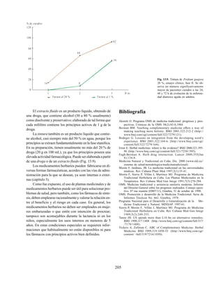 205
Fig. 13.9. Tintura de Psidium guajava
20 %, ensayo clínico, fase II. Se ob-
serva un número significativamente
mayor de pacientes curados a las 24,
48 y 72 h de evolución de la enferme-
dad diarreica aguda en adultos.
14
66
92
8
56
120
100
80
60
40
20
0
1 2 3 D as
% de curados
Tin tura al 20 % Tin tura al 1 %
El extracto fluido es un producto líquido, obtenido de
una droga, que contiene alcohol (30 a 80 % usualmente)
como disolvente y preservativo; elaborado de tal forma que
cada mililitro contiene los principios activos de 1 g de la
droga.
La tintura también es un producto líquido que contie-
ne alcohol, casi siempre más del 50 % en agua, porque los
principios se extraen fundamentalmente en la fase etanólica.
En su preparación, tienen usualmente no más del 20 % de
droga (20 g en 100 mL), ya que los principios poseen una
elevada actividad farmacológica. Puede ser elaborada a partir
de una droga o de un extracto fluido (Fig. 13.9).
Los medicamentos herbarios pueden fabricarse en di-
versas formas farmacéuticas, acordes con las vías de admi-
nistración para la que se desean, ya sean internas o exter-
nas (capítulo 3).
Como fue expuesto, el uso de plantas medicinales y de
medicamentos herbarios puede ser útil para solucionar pro-
blemas de salud, pero también, como los fármacos de sínte-
sis, deben emplearse racionalmente y valorar la relación en-
tre el beneficio y el riesgo en cada caso. En general, los
medicamentos herbarios no deben ser empleados en muje-
res embarazadas o que estén con intención de procrear;
tampoco son aconsejables durante la lactancia ni en los
niños, especialmente los usos internos en menores de 5
años. En estas condiciones especiales se requieren infor-
maciones que habitualmente no están disponibles ni para
los fármacos con principios activos bien definidos.
Bibliografía
Akerele O. Programa OMS de medicina tradicional: progresos y pers-
pectivas. Crónicas de la OMS 38(2):83-8,1984.
Berman BM. Teaching complementary medicine offers a way of
making teaching more holistic. BMJ 2001;322:212-2 (http://
www.bmj.com/cgi/content/full/322/7279/121).
Bodeger G. Lessons on integration from the developing word’s
experience. BMJ 2001;322:164-6. (http://www.bmj.com/cgi/
content/full/322/7279/164).
Ernst E: Herbal medicines: where is the evidence? BMJ 2000;321:395-
96 (http://www.bmj.com/cgi/content/full/321/7258//395).
Fugh-Berman A. Herb drug interaction. Lancet 2000;355(Jan
8):134-8.
Medicina Natural y Tradicional en Cuba. Dic. 2000 (www.sld.cu//
sistema de salud/metodologica/medicinatradicional)
Morón F, Jardines, JB. La medicina tradicional en las universidades
médicas. Rev Cubana Plant Med 1997;2(1):35-41.
Morón F, Sierra P, Villán J, Martínez MJ. Programa de Medicina
Tradicional Herbolaria en Cuba. Las Plantas Medicinales en la
Terapéutica. Rev Cubana Med Gen Integr 1991;7(3):276-284.
OMS. Medicina tradicional y asistencia sanitaria moderna. Informe
del Director General sobre los progresos realizados. Consejo ejecu-
tivo. 87 ma reunión (EB87/11), Ginebra, 31 de octubre de 1990.
OMS. Promoción y desarrollo de la Medicina Tradicional. Serie de
Informes Técnicos No. 662. Ginebra, 1978.
Programa Nacional para el Desarrollo y Generalización de la Me-
dicina Tradicional y Natural. MINSAP. 1997-61.
Sierra P, Morón F, Villán J, Martínez MJ. Programa de Medicina
Tradicional Herbolaria en Cuba. Rev Cubana Med Gen Integr
1989;5(2):249-253.
Tanne JH. US spends more than L16 bn on alternative remedies.
BMJ 1998;317:1408 (http://www.bmj.com/cgi/content/full/317/
/7170/1408).
Vickers A, Zullman C. ABC of Complementary Medicine: Herbal
Medicine. BMJ 1999;319:1050-53 (http://www.bmj.com/cgi/
content/ /full/319/7216/1050).
 