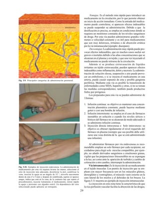 29
Fig. 3.9. Principales categorías de administración parenteral.
Fig. 3.10. Ejemplos de inyección endovenosa. La administración de
medicamentos por esta vía requiere lavarse las manos, seleccionar el
sitio de inyección más adecuado, desinfectar la piel, estabilizar la
vena, insectar la aguja en un ángulo de 35 °, moverla suavemente
dentro de esta (3 a 5 mm) y después de estabilizada, aspirar (si aparece
sangre, indica que está en la vena, de lo contrario hay que repetir el
procedimiento), inyectar lentamente el medicamento, retirar rápido
la aguja y presionar con algodón estéril. En dependencia del sitio
seleccionado puede aplicarse un torniquete.
Ventajas. Es el método más rápido para introducir un
medicamento en la circulación, por lo que permite obtener
un inicio de acción inmediato. Como la entrada del medica-
mento puede controlarse, si aparecen efectos indeseables
se puede suspender su administración. Debido a que la
dosificación es precisa, se emplea en condiciones donde se
requiera un monitoreo constante de los niveles sanguíneos
de droga. Por esta vía pueden administrarse grandes volú-
menes a velocidad constante y es útil para medicamentos
que son muy dolorosos, irritantes o de absorción errática
por la vía intramuscular (ejemplo: diazepam).
Desventajas.La administración muy rápida puede pro-
vocar efectos indeseables, que en muchos casos suelen ser
graves o mortales debido a las altas concentraciones que se
alcanzan en el plasma y en tejido, y que una vez inyectado el
medicamento no puede retirarse de la circulación.
Además si se produce extravasación de líquidos
irritantes en tejido extravascular, pueden aparecer efectos
indeseables como inflamación, dolor y necrosis. La adminis-
tración de solución oleosa, suspensión o aire puede provo-
car un embolismo, y si se inyecta el medicamento en una
arteria, puede causar espasmo de esta y posible gangrena
periférica. Mediante esta vía es posible la transmisión de
enfermedades como SIDA, hepatitis y otras, si no se toman
las medidas correspondientes; también puede producirse
fiebre por pirógenos.
Los preparados para esta vía se pueden administrar de
3 formas:
1. Infusión continua: su objetivo es mantener una concen-
tración plasmática constante, puede hacerse mediante
goteo o con una bomba de infusión.
2. Infusión intermitente: se emplea en el caso de fármacos
inestables en solución o cuando los niveles séricos o
hísticos del fármaco no se alcanzan de modo adecuado si
se administra infusión continua.
3. Inyección directa intravenosa o bolo intravenoso: su
objetivo es obtener rápidamente el nivel requerido del
fármaco en plasma (siempre que sea posible debe utili-
zarse una vena distinta de la que se está administrando
una infusión).
Al administrar fármacos por vía endovenosa es reco-
mendable emplear un solo fármaco por cada recipiente, ser
cuidadoso para elegir solo mezclas compatibles, por ejem-
plo, no añadir derivados sanguíneos a emulsiones grasas,
vigilar que las preparaciones fotosensibles no se expongan
a la luz, así como ante la aparición de turbidez y cambio de
coloración u otro cambio, interrumpir la administración.
Vía intramuscular.Es la inyección de un medicamento
en el tejido muscular. Los puntos de inyección que se em-
plean con mayor frecuencia son en los músculos glúteos,
dorsoglúteo y ventroglúteo, el músculo vasto externo en la
cara lateral de los muslos y el deltoides de los brazos. La
figura 3.11 muestra un ejemplo de inyección intramuscular.
La inyección en esta zona tiene la característica de que
la rica perfusión vascular facilita la absorción de las drogas;
 