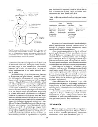 36
su administración oral, se utiliza para lograr un efecto local
de eliminación de bacterias gramnegativas en el intestino,
previo a la cirugía de colon. La tetraciclina forma enlaces
covalentes con los iones calcio de la leche y de otros ali-
mentos ricos en este ion, de esta manera decrece la absor-
ción de ambos.
Biodisponibilidad y efecto del primer paso. Para que
un fármaco atraviese la luz intestinal y alcance la circula-
ción sistémica no es suficiente que este penetre la mucosa;
hay una serie de enzimas que pueden inactivarlo en la pared
intestinal y el hígado. El término biodisponibilidad se utiliza
para indicar la proporción de medicamento que pasa hacia
la circulación sistémica y es distribuida hacia los sitios de
acción después de haber sido administrada por vía oral,
teniendo en cuenta la absorción y la degradación metabólica
local. A la inactivación que puede sufrir una droga, antes
de alcanzar la circulación sistémica (inactivación presis-
témica), se le denomina efecto del primer paso. Dos prepa-
rados que contengan la misma cantidad de principio activo,
pero que posean diferentes características en cuanto a des-
integración, disolución o tamaño de la partícula, van a tener
diferente biodisponibilidad. La biodisponibilidad de un me-
dicamento administrado por vía oral depende de la fracción
de fármaco absorbido y de la fracción que escapa al efecto
del primer paso. Si la capacidad metabolizadora o excretora
del hígado para un determinado fármaco es elevada, la biodis-
ponibilidad estará sustancialmente disminuida. Por eso, los
medicamentos que sufren un importante efecto de primer
paso necesitan dosis superiores cuando se utilizan por vía
oral, en comparación con otras vías en las cuales el medi-
camento no pasa por el hígado (tabla 4.1).
Tabla 4.1.Fármacos con efecto de primer paso impor-
tante
Anti- Cardio-
Analgésicos depresivos vasculares Otros
Fenacetina Desipramina Lidocaína Hidrocortisona
Meperidina Imipramina Labetalol Pentazocina
Morfina Nortriptilina Metropolol
Propoxifeno Nitroglicerina
Salicilamida Propranolol
Verapamilo
La absorción de los medicamentos administrados por
esta vía puede aumentar, disminuir o no modificarse en
presencia de alimentos. Algunos medicamentos pueden
también modificar la absorción de otros.
Absorción sublingual de fármacos. La vía sublingual
permite que los fármacos alcancen la circulación sistémica
obviando el efecto del primer paso. La absorción se produ-
ce debido a la rica vascularización del suelo de la lengua
(plexo sublingual). Puede ser algo irregular debido a que
parte del medicamento puede ser deglutido con la saliva.
Se utiliza generalmente para medicamentos con una alta
liposolubilidad como la nitroglicerina o la metiltestosterona.
Absorción rectal de fármacos. Se producen efectos
sistémicos tras la absorción del medicamento debido a la
rica irrigación vascular del extremo inferior del recto. La ab-
sorción es más rápida que cuando el fármaco se administra
por vía oral, aunque puede verse afectada por la escasa
superficie de absorción, el contenido líquido, que puede
dificultar la velocidad de disolución, y por la presencia de
heces en la ampolla rectal.
Absorción intramuscular de fármacos. En esta vía de
administración se deposita el medicamento mediante una
inyección entre las fibras musculares de la región glútea o
deltoidea. La rica irrigación de estas zonas facilita la absor-
ción del fármaco.
Absorción subcutánea de fármacos. El medicamento
se deposita en el tejido subcutáneo que tiene la caracterís-
tica de ser rico en grasa y estar poco vascularizado. Por
este motivo, la absorción a partir de esta vía va a ser más
lenta que cuando se utiliza la vía intramuscular.
Distribución
Mediante este proceso, el fármaco llega al organismo a
través de la corriente sanguínea hacia el líquido extravas-
cular, de modo reversible (distribución) o irreversible
(eliminación). Esto se puede apreciar en la figura 4.2.
Fig. 4.1. Los preparados farmacéuticos sólidos deben desintegrarse y
disolverse antes de ser absorbidos. Se aprecia cómo deben pasar pri-
mero por el hígado antes de alcanzar la circulación sistémica, lo cual
puede afectar, en ocasiones de forma sustancial, la biodisponibilidad.
Otros fármacos pueden interferir la absorción.
M etabolism o
de prim e r paso
C ircu laci n
sistØm ica
H gado
Vacia m ie nto
gÆ
strico
D isoluci n
D esintegraci n
FÆ
rm aco
adm inistrado
Preparado com ercial
(tableta o cÆ
psula,
sal o Æ
cid o, e tc.)
E st m ago
Intestino Vena
porta
pH gÆ
strico y duodena l
O tros fÆ
rm acos
C om ida abundante
 