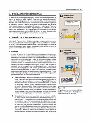 IV. DOENÇAS NEURODEGENERATIVAS
As doenças neurodegenerativas do SNC incluem a doença de Parkinson, a
doença de Alzheimer, a EM e a ELA. Essas doenças graves são caracteri­
zadas pela perda progressiva de neurônios específicos em áreas cerebrais
discretas, resultando em distúrbios característicos de movimento, cognitivos,
ou ambos. Por exemplo, a doença de Alzheimer é caracterizada pela perda de
neurônios colinérgicos no núcleo basal de Maynert, e a doença de Parkinson
está associada à perda de neurônios dopaminérgicos na substância negra. A
doença mais prevalente é a deAlzheimer, afetando cerca de 4 milhões de pes­
soas, segundo estimativa feita em 2000. O número de casos deve aumentar
com o aumento da proporção de pessoas idosas na população.
-
V. REVISAO DA DOENÇA DE PARKINSON
A doença de Parkinson é um distúrbio neurológico progressivo do movimento
muscular, caracterizado por tremores, rigidez muscular, bradicinesia (lentidão
ao iniciare executar movimentos voluntários) e anormalidades posturais e de
marcha.A maioriados casos envolve pessoas com mais de 65 anos, entre as
quais a incidência é de 1 em 100 indivíduos.
A. Etiologia
A causa da doença de Parkinson é desconhecida para a maioria dos pa­
cientes. A doença está relacionada com a degeneração de neurônios do­
paminérgicos na substância negra com consequente redução das ações
da dopamina no corpo estriado - parte do sistema de gânglios basais
cerebrais que estão envolvidos no controle motor. A perda dos neurô­
nios de dopamina na substância negra se evidencia pela diminuição da
captação de precursores de dopamina nesta região, o que pode ser vi­
sualizado usando tomografia por emissão de posítrons e o análogo da
dopamina, f/uorodopa (Figura 8.4). Fatores genéticos não desempenham
papel dominante na etiologia da doença de Parkinson, embora possam
exercer alguma influência na suscetibilidade individual à doença. Parece
cada vez mais provável que um fator ambiental não identificado possater
papel na perda dos neurônios dopaminérgicos.
1 . Substância negra. A substância negra, parte do sistema extrapira­
midal, é a origem dos neurônios dopaminérgicos que terminam no
neostriado (representados em vermelho na Figura 8.5). Cada neu­
rônio dopaminérgico faz milhares de contatos sinápticos no interior
do neostriado e, assim, modula a atividade de um grande número
de células. Essas projeções dopaminérgicas da substância negra
disparam tonicamente, e não em resposta a um movimento muscu­
lar ou impulso sensorial específicos. Assim, o sistema dopaminérgi­
co parece servir como uma influência tônica, contínua na atividade
motora, em vez de participar em movimentos específicos.
2. Neostriado. Normalmente o neostriado está conectado à substân­
cia negra por neurônios (representados em laranja na Figura 8.5)
que secretam o transmissor inibitório GABA nas suas terminações
na substância negra. Por sua vez, células da substância negra en­
viam neurônios de volta ao neostriado (representados em vermelho
na Figura 8.5), que secretam o transmissor inibitório dopamina nas
suas terminações. Essas vias mutuamente inibitórias em geral man­
têm um grau de inibição das duas áreas distintas. Na doença de
Parkinson, a destruição das células na substância negra resulta na
degeneração dosterminais nervosos responsáveis pela secreção de
Farmacologia Ilustrada 101
Receptor vazio
(sem agonista)
O receptor vazio é inativo,
e o canal de cloro
estáfechado.
MEMBRANA
NEURONAL
PÓS-SINÁPTICA
+ +
ReceptordeGABA
-
lC�nal ;
e
cloro
(fechado)
Ligação de
neurotransmissor
inibitório ao receptor
A ligação de GABA
causa a abertura do
canal de cloro.
GABA
+ + +
ReceptorGABA
A entrada de CI-hiperpola­
riza a célula, dificultando
sua despolarização e, por
isso, reduzindo a excitabili­
dade neuronal.
Figura 8.3
+ + +
A ligação do neurotransmissor inibitório
ácido 'Y-aminobutírico (GABA) causa
hiperpolarização do neurônio.
 