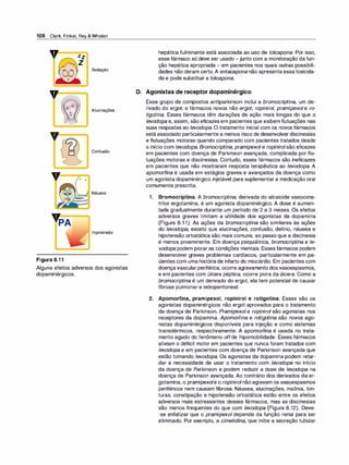 106 Clark, Finkel, Rey & Whalen
V
Sedação
V
Alucinações
Confusão
Náusea
Hipotensão
Figura 8.1 1
Alguns efeitos adversos dos agonistas
dopaminérgicos.
hepática fulminante está associada ao uso de tolcapona. Por isso,
esse fármaco só deve ser usado -junto com a monitoração da fun­
ção hepática apropriada - em pacientes nos quais outras possibili­
dades não deram certo. A entacapona não apresenta essatoxicida­
de e pode substituir a tolcapona.
D. Agonistas de receptor dopaminérgico
Esse grupo de compostos antiparkinson inclui a bromocri
ptina, um de­
rivado do ergot, e fármacos novos não ergot, ropiniro/, pramipexol e ro­
tigotina. Esses fármacos têm durações de ação mais longas do que o
levodopa e, assim, são eficazes em pacientes que exibem flutuações nas
suas respostas ao /evodopa. O tratamento inicial com os novos fármacos
estáassociado particularmente a menos risco de desenvolverdiscinesias
e flutuações motoras quando comparado com pacientes tratados desde
o início com /evodopa. Bromocri
ptina, pramipexol e ropinirolsão eficazes
em pacientes com doença de Parkinson avançada, complicada por flu­
tuações motoras e discinesias. Contudo, esses fármacos são ineficazes
em pacientes que não mostraram resposta terapêutica ao /evodopa. A
apomorfi
na é usada em estágios graves e avançados da doença como
um agonista dopaminérgico injetável para suplementar a medicação oral
comumente prescrita.
1 . Bromocriptina. A bromocriptina, derivada do alcaloide vasocons­
tritor ergotamina, é um agonista dopaminérgico. A dose é aumen­
tada gradualmente durante um período de 2 a 3 meses. Os efeitos
adversos graves limitam a utilidade dos agonistas da dopamina
(Figura 8.1 1). As ações da bromocriptina são similares às ações
do levodopa, exceto que alucinações, confusão, delírio, náusea e
hipotensão ortostática são mais comuns, ao passo que a discinesia
é menos proeminente. Em doença psiquiátrica, bromocriptina e le­
vodopa podem piorar as condições mentais. Essesfármacos podem
desenvolver graves problemas cardíacos, particularmente em pa­
cientes com uma históriade infarto do miocárdio. Em pacientes com
doençavascular periférica, ocorre agravamento dosvasoespasmos,
e em pacientes com úlcera péptica, ocorre piora da úlcera. Como a
bromocriptina é um derivado do ergot, ela tem potencial de causar
fibrose pulmonar e retroperitoneal.
2. Apomorfina, pramipexol, ropinirol e rotigotina. Esses são os
agonistas dopaminérgicos não ergot aprovados para o tratamento
da doença de Parkinson. Pramipexol e ropinirol são agonistas nos
receptores da dopamina. Apomorfina e rotigotina são novos ago­
nistas dopaminérgicos disponíveis para injeção e como sistemas
transdérmicos, respectivamente. A apomorfi
na é usada no trata­
mento agudo do fenômeno offde hipomobilidade. Esses fármacos
aliviam o déficit motor em pacientes que nunca foram tratados com
levodopa e em pacientes com doença de Parkinson avançada que
estão tomando Jevodopa. Os agonistas da dopamina podem retar­
dar a necessidade de usar o tratamento com levodopa no início
da doença de Parkinson e podem reduzir a dose de levodopa na
doença de Parkinson avançada. Ao contrário dos derivados da er­
gotamina, o pramipexole o ropinirolnão agravam os vasoespasmos
periféricos nem causam fibrose. Náusea, alucinações, insônia, ton­
turas, constipação e hipotensão ortostática estão entre os efeitos
adversos mais estressantes desses fármacos, mas as discinesias
são menos frequentes do que com levodopa (Figura 8.12). Deve­
-se enfatizar que o pramipexol depende da função renal para ser
eliminado. Por exemplo, a cimetidi
na, que inibe a secreção tubular
 