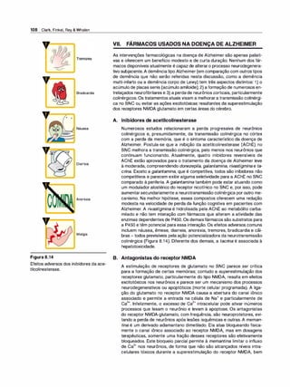108 Clark, Finkel, Rey & Whalen
y
=
=
�
Y= o
o
v==::-.i.
Figura 8.14
Bradicardia
Náusea
Diarreia
Anorexia
Mialgia
Efeitos adversos dos inibidores da ace­
tilcolinesterase.
VII. FÁRMACOS USADOS NA DOENÇA DE ALZHEIMER
As intervenções farmacológicas na doença de Alzheimer são apenas paliati­
vas e oferecem um benefício modesto e de curta duração. Nenhum dos fár­
macos disponíveis atualmente é capaz de alteraro processo neurodegenera­
tivo subjacente.A demênciatipo Alzheimer (em comparação com outrostipos
de demência que não serão referidas nesta discussão, como a demência
multi-infarto ou a demência corpo de Lewy) tem três aspectos distintos: 1) o
acúmulo de placas senis (acúmulo amiloide); 2) a formação de numerosos en­
trelaçados neurofibrilares e 3) a perdade neurônios corticais, particularmente
colinérgicos. Os tratamentos atuais visam a melhorara transmissão colinérgi­
ca no SNC ou evitar as ações excitotóxicas resultantes da superestimulação
dos receptores NMDA glutamato em certas áreas do cérebro.
A. Inibidores de acetilcolinesterase
Numerosos estudos relacionaram a perda progressiva de neurônios
colinérgicos e, presumidamente, da transmissão colinérgica no córtex
com a perda da memória, que é o sintoma característico da doença de
Alzheimer. Postula-se que a inibição da acetilcolinesterase (AChE) no
SNC melhora a transmissão colinérgica, pelo menos nos neurônios que
continuam funcionando. Atualmente, quatro inibidores reversíveis de
AChE estão aprovados para o tratamento da doença de Alzheimer leve
à moderada, compreendendo donezepila, galantamina, rivastigmina e ta­
cri
na. Exceto a galantamina, que é competitiva, todos são inibidores não
competitivos e parecem exibir alguma seletividade para a AChE no SNC
comparado à periferia. A galantamina também pode estar atuando como
um modulador alostérico do receptor nicotínico no SNC e, por isso, pode
aumentarsecundariamente a neurotransmissão colinérgica por outro me­
canismo. Na melhor hipótese, esses compostos oferecem uma redução
modesta na velocidade de perda da função cognitiva em pacientes com
Alzheimer. A rivastigmina é hidrolisada pela AChE ao metabólito carba­
milado e não tem interação com fármacos que alteram a atividade das
enzimas dependentes de P450. Os demaisfármacos são substratos para
a P450 e têm potencial para essa interação. Os efeitos adversos comuns
incluem náusea, êmese, diarreia, anorexia, tremores, bradicardia e cãi­
bras - todos previsíveis pela ação potencializadora da neurotransmissão
colinérgica (Figura 8.14). Diferente dos demais, a tacri
na é associada à
hepatotoxicidade.
B. Antagonistas do receptor NMDA
A estimulação de receptores de glutamato no SNC parece ser crítica
para a formação de certas memórias; contudo a superestimulação dos
receptores glutamato, particularmente do tipo NMDA, resulta em efeitos
excitotóxicos nos neurônios e parece ser um mecanismo dos processos
neurodegenerativos ou apoptóticos (morte celular programada). A liga­
ção do glutamato no receptor NMDA causa a abertura do canal iônico
associado e permite a entrada na célula de Na+ e particularmente de
Ca
2
+. Infelizmente, o excesso de Ca
2+ intracelular pode ativar inúmeros
processos que lesam o neurônio e levam à apoptose. Os antagonistas
do receptor NMDA-glutamato, com frequência, são neuroprotetores, evi­
tando a perda de neurônios após lesões isquêmicas e outras. A meman­
tina é um derivado adamantano dimetilado. Ela atua bloqueando fisica­
mente o canal iônico associado ao receptor NMDA, mas em dosagens
terapêuticas, somente uma fração desses receptores são efetivamente
bloqueados. Este bloqueio parcial permite à memantina limitar o influxo
de Ca
2
+ nos neurônios, de forma que não são alcançados níveis intra­
celulares tóxicos durante a superestimulação do receptor NMDA, bem
 