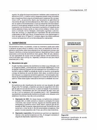 agudos. As ações da buspirona parecem mediadas pelos receptores de
serotonina (5-HT,A), embora outros receptores possam estar envolvidos,
pois a buspirona mostra alguma afinidade pelos receptores DA2 da dopa­
mina e 5-HT2A da serotonina. Assim, seu mecanismo de ação difere do
mecanismo de ação dos benzodiazepínicos.Além disso, a buspirona não
tem as ações anticonvulsivantes e músculo-relaxantes dos benzodiaze­
pínicos e causa apenas sedação mínima. Contudo, ela causa hipotermia
e aumentos nos hormônios do crescimento e prolactina.A frequência dos
efeitos adversos é baixa, sendo os mais comuns cefaleia, tontura, nervo­
sismo e confusão mental. Sedação e disfunções cognitivas e psicomo­
toras são mínimas, e a dependência é improvável. Ela não potencializa
a depressão do SNC pelo álcool. A buspirona tem como desvantagem o
início de ação lento. A Figura 9.7 compara alguns dos efeitos adversos
comuns da buspirona com os do benzodiazepínico alprazolam.
V. BARBITÚRICOS
Os barbitúricos foram, no passado, a base do tratamento usado para sedar
o paciente ou para induzir e manter o sono. Hoje, os barbitúricos foram lar­
gamente substituídos pelos benzodiazepínicos, principalmente porque eles
induzem tolerância, enzimas biotransformadoras, dependência física e estão
associados a sintomas de abstinência muito graves. Além de tudo, destaca­
-se sua capacidade de causar coma em doses tóxicas. Certos barbitúricos,
como os de ação muito curta (p. ex., tiopenta�, continuam em uso para induzir
anestesia (ver p. 145).
A. Mecanismo de ação
A ação hipnótico-sedativa dos barbitúricos se deve à sua interação com
os receptores GABAA, potencializandoa transmissão GABAérgica.O local
de ligação é diferente daquele dos benzodiazepínicos. Os barbitúricos po­
tenciam a ação do GABA na entrada de cloreto no neurônio, prolongando
o tempo de abertura do canal de cloreto. Além disso, os barbitúricos po­
dem bloquear os receptores excitatórias glutamato. Concentrações anes­
tésicas de pentobarbitaltambém bloqueiam os canais de sódio de altafre­
quência.Todas essas ações moleculares diminuem a atividade neuronal.
B. Ações
Os barbitúricos são classificados de acordo com sua duração da ação
(Figura 9.8). Por exemplo, o tiopental, que atua em segundos e tem dura­
ção de ação de cercade 30 minutos, é usado na indução IV daanestesia.
Em contraste, o fenobarbital, que tem uma duração de ação maior que
um dia, é útil no tratamento de convulsões (ver p. 187). Pentobarbital,
secobarbitale amobarbitalsão barbitúricos de ação curta, eficazes como
sedativos e hipnóticos, mas não como ansiolíticos.
1. Depressão do SNC. Em doses baixas, os barbitúricos produzem
sedação (têm um efeito calmante e reduzem a excitação). Em doses
crescentes, eles causam hipnose, seguida de anestesia (perda das
sensações) e finalmente coma e morte. Assim, qualquer grau de de­
pressãodo SNC é possível, dependendoda dose. Os barbitúricos não
aumentam o limiar da dor e não têm propriedades analgésicas. Eles
podem inclusive exacerbara dor. O seu uso crônico leva à tolerância.
2. Depressão respiratória. Os barbitúricos suprimem as respostas à
hipoxia e dos quimiorreceptores ao C02• A dosagem excessiva é
seguida de depressão respiratória e morte.
Farmacologia Ilustrada 117
DURAÇÃO DE AÇÃO
DOS BARBITÚRICOS
Figura 9.8
Açãolonga
Fenobarbital
Açãocurta
3-8 horas
Pentobarbital
Secobarbital
Amobarbital
Açãoultracurta
20 minutos
Tiopental
Barbitúricos classificados de acordo
com sua duração de ação.
 