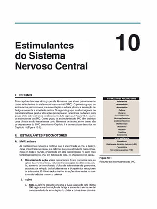 ervoso
1. RESUMO
Este capítulo descreve dois grupos de fármacos que atuam primariamente
como estimulantes do sistema nervoso central (SNC). O primeiro grupo, os
estimulantes psicomotores, causa excitação e euforia, diminui a sensação de
fadiga e aumenta a atividade motora. O segundo grupo, os alucinógenos ou
psicotomiméticos, produz alterações profundas no raciocínio e no humor, com
pouco efeito sobre otronco cerebral e a medulaespinal.A Figura 10.1 resume
os estimulantes do SNC. Como grupo, os estimulantes do SNC têm distintos
usos clínicos e são importantes como fármacos de abuso, assim como são
os depressores do SNC descritos no Capítulo 9 e os narcóticos descritos no
Capítulo 14 (Figura 10.2).
li. ESTIMULANTES PSICOMOTORES
A. Metilxantinas
As metilxantinas incluem a teofilina, que é encontrada no chá, a teobro­
mina, encontrada no cacau, e a cafeína, que é o estimulante mais consu­
mido em todo o mundo, encontrada em alta concentração no café, mas
também presente no chá, em bebidas de cola, no chocolate e no cacau.
1 . Mecanismo de ação. Vários mecanismos foram propostos para as
ações das metilxantinas, incluindo translocação de cálcio extracelu­
lar, aumento de monofosfato cíclico de adenosina e de guanosina,
causado por inibição da fosfodiesterase e bloqueio dos receptores
de adenosina. O último explica melhoras ações observadas no con­
sumo de bebidas contendo cafeína.
2. Ações
a. SNC. A cafeína presente em uma a duas xícaras de café (100 a
200 mg) causa diminuição da fadiga e aumenta o alerta mental
como resultadoda estimulação do córtex e outras áreas do cére-
ESTIMULANTES PSICOMOTORES
Anfetamina
Armodafinila
Atomoxetina
Cafeína
Cocaína
Dexmetilfenidato
Dextroanfetamina
Lisdexanfetamina
Metilfenidato
Modafinila
Nicotina
Teofilina
Vareniclina
ALUCINÓGENOS
Dronabinol
Dietilamida do ácido li
sérgico (LSD)
Fenciclidina
T
etra-hidrocanabinol (THC)
Figura 10.1
Resumo dos estimulantes do SNC.
 