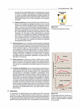 grau de euforia e estimulação, bem como relaxamento. A nicoti­
na melhora a atenção, o aprendizado, a resolução de problemas
e o tempo de reação. Doses elevadas de nicotina resultam em
paralisia respiratória central e grave hipotensão causada porpa­
ralisia bulbar (Figura 10.3). A nicotina também é um supressor
de apetite.
b. Efeitos periféricos. Os efeitos periféricos da nicotina são com­
plexos. A estimulação dos gânglios simpáticos, bem como da
suprarrenal, aumenta a pressão arterial e a frequênciacardíaca.
Assim, o uso do fumo é particularmente prejudicial para os hi­
pertensos.Vários pacientes com doença vascular periférica ex­
perimentam agravamento dos sintomas com o fumo. Por exem­
plo, a vasoconstrição induzida por nicotina pode diminuiro fluxo
sanguíneo nas coronárias e afetar adversamente o paciente
com angina. A estimulação dos gânglios parassimpáticos tam­
bém aumenta a atividade motora do intestino. Em doses eleva­
das, a pressão arterial cai, e a atividade cessa na musculatura
do TGI e da bexiga como resultado do bloqueio dos gânglios
parassimpáticos pela nicotina.
3. Farmacocinética. Como a nicotinaé muito lipossolúvel, a absorção
ocorre facilmente pela mucosa oral, pulmonar, gastrintestinal e pele.
A nicotina atravessa a placenta e é secretada no leite materno. Ao
inalar a fumaça do cigarro, o fumante recebe de 1 a 2 mg de nicoti­
na por cigarro (a maioria dos cigarros tem 6 a 8 mg de nicotina). A
dose letal aguda é de 60 mg. Mais de 90°
/
o da nicotina inalada na
fumaça é absorvida. A depuração da nicotina envolve a biotrans­
formação no pulmão e no fígado e a excreção urinária. A tolerância
aos efeitos tóxicos se desenvolve rapidamente, em geral dentro de
dias após o início do uso.
4. Efeitos adversos. Os efeitos da nicotina no SNC incluem irritabili­
dade e tremores.A nicotinatambém pode causarcólicas intestinais,
diarreia e aumento da frequência cardíaca e da pressão arterial. O
fumo aumenta a velocidade de biotransformação de inúmeros fár­
macos.
5. Síndrome de abstinência. Como outros fármacos estimulantes, a
nicotina é uma substância viciante; a dependência física se desen­
volve rapidamente e pode ser grave (Figura 10.4). A abstinência é
caracterizada por irritabilidade, ansiedade, intranquilidade, dificul­
dade de concentração, cefaleia e insônia. O apetite é afetado, e dor
gastrintestinal ocorre com frequência. (Nota: os programas para pa­
rar de fumar que associam tratamento farmacológico e comporta­
mental têm maiorsucesso.) Os adesivos transdérmicos e as gomas
de mascar contendo nicotina diminuem os sintomas de abstinência
e auxiliam os fumantes a parar de fumar. Por exemplo, a concentra­
ção de nicoti
na no sangue obtida com goma de mascar de nicotina
é cerca da metade do pico observado com o cigarro (Figura 10.5).A
bupropiona, um antidepressivo (ver p. 155), pode reduzir a compul­
são porfumar.
C. Vareniclina
A vareniclina é um agonista parcial nos receptores da ACh nicotínicos
neuronais. Por ser um agonista parcial nestes receptores, a vareniclina
produz menos efeitos eufóricos do que os produzidos pela nicotina (que é
um agonistatotal nestes receptores). Portanto, a vareniclina é útil para os
pacientes que querem pararde fumar, mas apresentam sintomas de abs-
Farmacologia Ilustrada 125
Potencial de
abuso
•
•
•
Nicotina
Figura 10.4
A nicotina tem potencial de abuso.
20
15 CIGARROS
10
5 /1113cigarro
::J J?
� o.._,_....__,__....___-'----'----'-
e
m
e
·- 20
õ
.!.!
e 15 GOMA DE MASCAR DE NICOTINA
-8
m
.!.! 1o
...
'GI
UI
o
1m
!d'
�
8
8
5 _, ;,tabletes de goma de mascar
o��-�-�-�-�
-10 o 30 60 90 120
20
15 ADESIVO TRANSDÉRMICO
10
5
Aplicação
/do adesivo
o��------��..__
-10 o 30 60 90 120 600
Minutos
Figura 10.5
Concentração sérica de nicotina em in­
divíduos que fumam cigarros, mascam
goma ou recebem adesivo transdérmi­
co de nicotina.
 