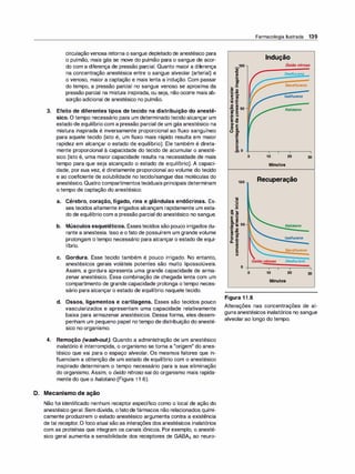 circulaçãovenosa retorna o sangue depletado de anestésico para
o pulmão, mais gás se move do pulmão para o sangue de acor­
do com a diferença de pressão parcial. Quanto maior a diferença
na concentração anestésica entre o sangue alveolar (arterial) e
o venoso, maior a captação e mais lenta a indução. Com passar
do tempo, a pressão parcial no sangue venoso se aproxima da
pressão parcial na mistura inspirada, ou seja, não ocorre mais ab­
sorção adicional de anestésico no pulmão.
3. Efeito de diferentes tipos de tecido na distribuição do anesté­
sico. O tempo necessário para um determinado tecido alcançar um
estado de equilíbrio com a pressão parcial de um gás anestésico na
mistura inspirada é inversamente proporcional ao fluxo sanguíneo
para aquele tecido (isto é, um fluxo mais rápido resulta em maior
rapidez em alcançar o estado de equilíbrio). Ele também é direta­
mente proporcional à capacidade do tecido de acumular o anesté­
sico (isto é, uma maior capacidade resulta na necessidade de mais
tempo para que seja alcançado o estado de equilíbrio). A capaci­
dade, por sua vez, é diretamente proporcional ao volume do tecido
e ao coeficiente de solubilidade no tecido/sangue das moléculas do
anestésico. Quatro compartimentosteciduais principais determinam
o tempo de captação do anestésico.
a. Cérebro, coração, fígado, rins e glândulas endócrinas. Es­
ses tecidos altamente irrigados alcançam rapidamente um esta­
do de equilíbrio com a pressão parcial do anestésico no sangue.
b. Músculos esqueléticos. Essestecidos são pouco irrigados du­
rante a anestesia. Isso e o fato de possuírem um grande volume
prolongam o tempo necessário para alcançar o estado de equi-
1íbrio.
c. Gordura. Esse tecido também é pouco irrigado. No entanto,
anestésicos gerais voláteis potentes são muito lipossolúveis.
Assim, a gordura apresenta uma grande capacidade de arma­
zenar anestésico. Essa combinação de chegada lenta com um
compartimento de grande capacidade prolonga o tempo neces­
sário para alcançar o estado de equilíbrio naquele tecido.
d. Ossos, ligamentos e cartilagens. Esses são tecidos pouco
vascularizados e apresentam uma capacidade relativamente
baixa para armazenar anestésicos. Dessa forma, eles desem­
penham um pequeno papel no tempo de distribuição do anesté-
. .
s1co no organismo.
4. Remoção (wash-out). Quando a administração de um anestésico
inalatório é interrompida, o organismo se torna a "origem" do anes­
tésico que vai para o espaço alveolar. Os mesmos fatores que in­
fluenciam a obtenção de um estado de equilíbrio com o anestésico
inspirado determinam o tempo necessário para a sua eliminação
do organismo. Assim, o óxido nitroso sai do organismo mais rapida­
mente do que o halotano (Figura 1 1 .6).
D. Mecanismo de ação
Não foi identificado nenhum receptor específico como o local de ação do
anestésico geral. Sem dúvida, ofato de fármacos não relacionados quimi­
camente produzirem o estado anestésico argumenta contra a existência
de tal receptor. O foco atual são as interações dos anestésicos inalatórios
com as proteínas que integram os canais iônicos. Por exemplo, o anesté­
sico geral aumenta a sensibilidade dos receptores de GABAA ao neuro-
_:100
as
"C
l!
·
-
i
e
...·-
.!! o
ola!
CI) ""
� l!
as
e
.i � 50
"" e
as o
::: u
e as
CI)
"C
� E
o CI)
o cn
!!
e
�
...
o
Farmacologia Ilustrada 139
Indução
Óxido nitroso
Oesflurano
Sevoflurano
/sof/urano
Halot.ano
.s o -4-----------�
100
ãi
·e;
·-
e
·-
as ...
"C as
-
E o
CI)
�
cn- 50
!! as
c .g
� ""
... as
o ...
ri. 'E
�
e
o
u
o 10 20 30
Minutos
Recuperação
Halot.ano
lsoflurano
Sevoflurano
Óxido nitroso Oesflurano
o --4-----------�
o 10 20 30
Minutos
Figura 11.6
Alterações nas concentrações de al­
guns anestésicos inalatórios no sangue
alveolar ao longo do tempo.
 