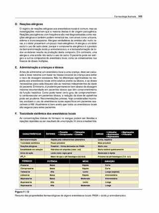 D. Reações alérgicas
O registro de reações alérgicas aos anestésicos locais é comum, mas as
investigações mostram que a maioria destas é de origem psicogênica.
Reações psicogênicas com frequênciasão mal diagnosticadas como rea­
ções alérgicas e também podem mimetizá-las, com sinais como urticaria,
edema e broncoespasmo. Alergias verdadeiras às amidas são muito ra­
ras, e o éster procaína é um pouco mais alergênico. A alergia a um éster
exclui o uso de outro éster, porque o componente alergênico é o produto
da biotransformação ácido p-aminobenzoico, e a biotransformação de to­
dos os ésteres resulta na produção deste composto. Em contraste, uma
alergia a uma amida não exclui o uso de outra. O paciente pode ser alér­
gico a outros compostos do anestésico local, como os conservantes nos
frascos de doses múltiplas.
E. Administração a crianças e idosos
Antes de administrar um anestésico local a uma criança, deve ser calcu­
lada a dose máxima com base na massa corporal da criança para evitar
o risco de dosagem excessiva. Não há diferenças significativas na res­
posta aos anestésicos locais entre adultos jovens ou idosos, e as doses
necessárias para cada bloqueio são as mesmas independentes da idade
do paciente. Entretanto, é prudente permanecer bem abaixo da dosagem
máxima recomendada em pacientes idosos que têm comprometimento
da função hepática. Como pode haver certo grau de comprometimen­
to cardiovascular em pacientes idosos, a redução da dose de epinefrina
pode ser prudente. Recomendações prévias, hoje consideradas incorre­
tas, excluiam o uso de anestésicos locais específicos em pacientes sus­
cetíveis à HM. Atualmente é bem aceito que todos os anestésicos locais
são seguros para estes pacientes.
F. Toxicidade sistêmica dos anestésicos locais
As concentrações tóxicas do fármaco no sangue podem ser devidas a
injeções repetidas ou ser resultado de uma injeção IV única e inadvertida.
Biotransformação Rápidapelacolinesteraseplasmática
Toxicidadesistêmica Poucoprovável
Reaçõesalérgicas Possível-formaderivadosdoPABA
Estabilidadeemsolução Hidrolisaemampolas(calor,sol)
Iníciodeação Lentacomoregrageral
MaiordoqueopHfisiológico(8,5-8,9)
POT�NCIA INÍCIO
Procaína Baixa Rápido
C/oroprocaína Baixa Rápido
Tetracaína Alta Lento
Lidocaína Baixa Rápido
Mepivacaína Baixa Moderado
Bupivacaína Alta Lento
Ropivacaína Alta Moderado
Figura 11.12
Farmacologia Ilustrada 149
Lenta,hepática
Maisprovável
Muitorara
Muitoestávelquimicamente
Moderadaàrápida
PróximodopHfisiológico(7,6-8,1)
DURAÇÃO
Curta
Curta
Longa(espinal)
Intermediária
Intermediária
Longa
Longa
Resumo das propriedades farmacológicas de alguns anestésicos locais. PABA = ácido p-aminobenzoico.
 