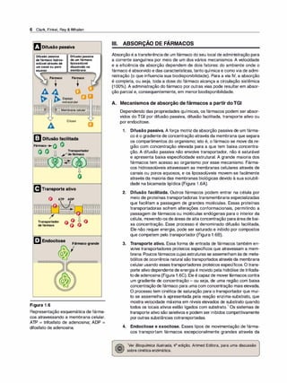 6 Clark, Finkel, Rey & Whalen
DDifusão passiva
Difusão passiva
defármaco hidros­
solúvel através de
um canal ou poro
aquoso
Difusão passiva
de um fármaco
lipossolúvel
dissolvido na
membrana
Fármaco Fármaco
t t
A4
� � Espaço
,,.. .,,,.,., extracelular
g
�w�
v���'.W)&� p:)(')!!
Citosol
BTransporte ativo
ATP ADP
Transportador
defármaco
mEndocitose
e.
C>VJ
Figura 1.6
Fármacogrande
I
Representação esquemática de fárma­
cos atravessando a membrana celular.
ATP = trifosfato de adenosina; ADP =
difosfato de adenosina.
Ili. ABSORÇÃO DE FÁRMACOS
Absorção é a transferênciade um fármaco do seu local de administração para
a corrente sanguínea por meio de um dos vários mecanismos. A velocidade
e a eficiência da absorção dependem de dois fatores: do ambiente onde o
fármaco é absorvido e das características, tanto química e como via de admi­
nistração (o que influencia sua biodisponibilidade). Para a via IV, a absorção
é completa, ou seja, toda a dose do fármaco alcança a circulação sistêmica
(100°
/
o). A administração do fármaco por outras vias pode resultar em absor­
ção parcial e, consequentemente, em menor biodisponibilidade.
A. Mecanismos de absorção de fármacos a partir doTGI
Dependendo das propriedades químicas, os fármacos podem ser absor­
vidos do TGI por difusão passiva, difusão facilitada, transporte ativo ou
por endocitose.
1. Difusão passiva. A força motriz da absorção passiva de um fárma­
co é o gradiente de concentração através da membrana que separa
os compartimentos do organismo; isto é, o fármaco se move da re­
gião com concentração elevada para a que tem baixa concentra­
ção. A difusão passiva não envolve transportador, não é saturável
e apresenta baixa especificidade estrutural. A grande maioria dos
fármacos tem acesso ao organismo por esse mecanismo. Fárma­
cos hidrossolúveis atravessam as membranas celulares através de
canais ou poros aquosos, e os lipossolúveis movem-se facilmente
através da maioria das membranas biológicas devido à sua solubili­
dade na bicamada lipídica (Figura 1 .6A).
2. Difusão facilitada. Outros fármacos podem entrar na célula por
meio de proteínas transportadoras transmembrana especializadas
que facilitam a passagem de grandes moléculas. Essas proteínas
transportadoras sofrem alterações conformacionais, permitindo a
passagem de fármacos ou moléculas endógenas para o interior da
célula, movendo-os de áreas de alta concentração paraáreade bai­
xa concentração. Esse processo é denominado difusão facilitada.
Ele não requer energia, pode ser saturado e inibido por compostos
que competem pelo transportador (Figura 1 .68).
3. Transporte ativo. Essa forma de entrada de fármacos também en­
volve transportadores proteicos específicos que atravessam a mem­
brana. Poucosfármacoscujas estruturas se assemelham às de meta­
bólitos de ocorrência natural sãotransportados através da membrana
celular usando esses transportadores proteicos específicos. O trans­
porte ativo dependente de energia é movido pela hidrólise de trifosfa­
tode adenosina (Figura 1.6C). Ele é capaz de moverfármacos contra
um gradiente de concentração - ou seja, de uma região com baixa
concentração de fármaco para uma com concentração mais elevada.
O processo tem cinética de saturação para o transportador que mui­
to se assemelha à apresentada pela reação enzima-substrato, que
mostra velocidade máxima em níveis elevados de substrato quando
todos os locais ativos estão ligados com substrato.1 Os sistemas de
transporte ativo são seletivos e podem ser inibidos competitivamente
por outras substâncias cotransportadas.
4. Endocitose e exocitose. Esses tipos de movimentação de fárma­
cos transportam fármacos excepcionalmente grandes através da
1
Ver Bioquí
mica /lustrada, 4ª edição, Artmed Editora, para uma discussão
sobre cinética enzimática.
 