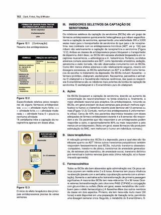 152 Clark, Finkel, Rey & Whalen
FÁRMACOS USADOS PARA TRATAR
DISTÚRBIOS BIPOLARES E MANIA
,
Acido valproico
Carbamazepina
Lítio
Figura 12.1 (Continuação)
Resumo dos antidepressivos.
FÁRMACO INIBIÇÃO DA CAPTAÇÃO
Norepine-
Serotonina
frina
Inibidores seletivos
da captação de
serotonina
Fluoxetina o ++++
Inibidores da
captação de
noreplnefrlna e
serotonlna
Venlafaxlna ++* ++++
Duloxetlna ++++ ++++
Antidepressivo
tricíclico
lmipramlna ++++ +++
Figura 12.2
Especificidade relativa pelos recepto­
res de alguns fármacos antidepressi­
vos. ++++ = afinidade muito forte; +++
= afinidade forte; ++ = afinidade mode­
rada; + = afinidade fraca; O = pouca ou
nenhuma afinidade.
*A venlafaxina inibe a captação da no­
repinefrina apenas em doses altas.
Figura 12.3
Administração de
antidepressivo
Depressão
Início deação
2 a 12 semanas
Efeito
antidepressivo
O início do efeito terapêutico dos princi­
pais antidepressivos precisa de várias
semanas.
-
Ili. INIBIDORES SELETIVOS DA CAPTAÇAO DE
SEROTONINA
Os inibidores seletivos da captação da serotonina (ISCSs) são um grupo de
fármacos antidepressivos quimicamente heterogêneos que inibem especifica­
mente a captação da serotonina, apresentando uma seletividade 300 a 3.000
vezes maior para o transportador de serotonina do que para o de norepine­
frina. Isso contrasta com os antidepressivos tricíclicos (ADT, ver p. 155) que
inibem não seletivamente a captação de norepinefrina e serotonina (Figura
12.2). Ambas as classes de antidepressivos pouco bloqueiam o transportador
dedopamina.Além disso, os ISCSstêm escassa atividade bloqueadora em re­
ceptores muscarínicos, a-adrenérgicos e H1 histamínicos. Portanto, os efeitos
adversos comuns associados aos ADT, como hipotensão ortostática, sedação,
xerostomia e visão borrada, não são observados comumente com os ISCSs.
Como têm menos efeitos adversos e são relativamente seguros, mesmo em
dosagens excessivas, os ISCSs substituíram os ADT e os IMAO como fárma­
cos de escolha no tratamento da depressão. Os ISCSs incluem fluoxetina - o
fármaco protótipo, citalopram, escitalopram, f/uvoxamina, paroxetina e sertrali­
na. O citalopram e a f/uoxetinasão misturas racêmicas, das quais os respecti­
vos S-enantiômeros são os inibidores mais potentes da bomba de captaçãode
serotonina. O escitalopram é o S-enantiômero puro do citalopram.
A. Ações
Os ISCSs bloqueiam a captação de serotonina, levando ao aumento da
concentração do neurotransmissor na fenda sináptica e, finalmente, à
maior atividade neuronal pós-sináptica. Os antidepressivos, incluindo os
ISCSs, em geral precisam de duas semanas para produzir melhora signi­
ficativa no humor, e o benefício máximo pode demoraraté 12 semanas ou
mais (Figura 12.3). Contudo, nenhum dos antidepressivos é uniformemen­
te eficaz. Cerca de 40°
/
o dos pacientes deprimidos tratados com doses
adequadas defármaco antidepressivo durante 4 a 8 semanas não respon­
dem a ele. Os pacientes que não respondem a um antidepressivo podem
responder a outro, e aproximadamente 80°
/
o ou mais respondem a pelo
menos um antidepressivo. (Nota: em geral, esses fármacos não produzem
estimulação do SNC, nem melhoram o humor em indivíduos normais.)
B. Usos terapêuticos
A indicação primária dos ISCSs é a depressão, para a qual eles são tão
eficazes quanto os ADT. Vários outros transtornos psiquiátricos também
respondem favoravelmente aos ISCSs, incluindo transtorno obsessivo­
-compulsivo, transtorno de pânico, transtornos de ansiedade generaliza­
da, de estresse pós-traumático, de ansiedade social, transtorno disfórico
pré-menstrual e bulimia nervosa (para esta última indicação, só a fluoxe­
tina está aprovada).
C. Farmacocinética
Todos os ISCSs são bem absorvidos após administração oral. Os picos sé­
ricos ocorrem em média entre 2 e 8 horas. Alimentos tem pouca influência
naabsorção (excetocom a sertralina, cujaabsorçãoaumentacoma alimen­
tação). Somente a sertralina sofre biotransformação de primeira passagem
significativa. A maioria dos ISCSs tem meia-vida entre 16 e 36 horas. Ocor­
re extensa biotransformação pelo citocromo P450 (CIP450) e conjugação
com glicuronídeo ou sulfato. (Nota: em geral, esses metabólitos não contri­
buem para o efeito farmacológico.) A fluoxetina difere dos outros membros
da classe em dois aspectos. Primeiro, ela tem meia-vida muito maior (50
horas) e está disponível em uma preparação de liberação lenta, permitindo
uma dosagem semanal única. Segundo, o metabólito do S-enantiômero, S-
 