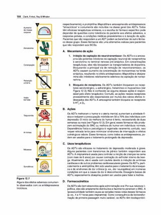 156 Clark, Finkel, Rey & Whalen
Aumento
de massa
corporal
Xerostomia
Constipação
Retenção
urinária
Visão
borrada
Taquicardia
Arritmias
Náuseas
Sonolência
Figura 12.7
V
,,
V
V
V
E
li E
o
o
Alguns dos efeitos adversos comumen­
te observados com os antidepressivos
tricíclicos.
respectivamente), e protriptilina. Maprotilinae amoxapinasão antidepressivos
"tetracíclicos" e comumente são incluídos na classe geral dos ADTs. Todos
têm eficácias terapêuticas similares, e a escolha do fármaco específico pode
depender de questões como tolerância do paciente aos efeitos adversos, a
respostas prévias, a condições médicas preexistentes e à duração de ação.
Pacientes que não respondem a um ADT podem se beneficiar de outrofárma­
co desse grupo. Esses fármacos são uma alternativa valiosa para pacientes
que não respondem aos ISCSs.
A. Mecanismo de ação
1 . Inibição da captação do neurotransmissor. Os ADTs e a amoxa­
pina são potentes inibidores da captação neuronal de norepinefrina
e serotonina no terminal nervoso pré-sináptico. Em concentrações
terapêuticas, eles não bloqueiam os transportadores de dopamina.
Bloqueando a principal via de remoção de neurotransmissor, os
ADTs causam aumento da concentração de monoaminas na fenda
sináptica, resultando no efeito antidepressivo. Maprotilina e desipra­
mina são inibidores relativamente seletivos da captação de norepi­
nefrina.
2. Bloqueio de receptores. Os ADTs também bloqueiam os recep­
tores serotonérgico, a-adrenérgico, histamínico e muscarínico (ver
Figura 12.3). Não é conhecido se alguma dessas ações é respon­
sável pelo efeito terapêutico. Contudo, as ações nesses receptores
provavelmente são responsáveis por muitos dos vários efeitos in­
desejados dos ADTs. A amoxapinatambém bloqueia os receptores
5-HT2 e D2•
B. Ações
Os ADTs melhoram o humor e o alerta mental, aumentam a atividade fí­
sica e reduzem a preocupação mórbida em 50 a 70°
/
o dos indivíduos com
depressão. O início da melhora do humor é lento, necessitando de duas
semanas ou mais (ver Figura 12.3). Em geral, esses fármacos não produ­
zem estimulação do SNC ou melhora do humor em indivíduos normais.
Dependência física e psicológica é registrada raramente; contudo, isso
requer retirada lenta para minimizar síndromes de interrupção e efeitos
colinérgicos rebote. Esses fármacos, como todos os antidepressivos, po­
dem ser usados para o tratamento prolongado da depressão.
C. Usos terapêuticos
Os ADTs são eficazes no tratamento de depressão moderada à grave.
Alguns pacientes com transtornos de pânico também respondem aos
ADTs. A imipraminaé usada para controlar a micção de crianças na cama
(com mais de 6 anos) por causar contração do esfíncter interno da bexi­
ga. Atualmente, ela é usada com cautela devido à indução de arritmias
cardíacas e de outros problemas cardiovasculares graves. OsADTs, parti­
cularmente a amitri
ptilina, têm sido usados para otratamento daenxaque­
ca e de síndromes de dor crônica (p. ex., dor neuropática) em inúmeras
condições em que a causa da dor é desconhecida. Dosagens baixas de
ADTs, especialmente doxepina, podem ser usados para tratara insônia.
D. Farmacocinética
OsADTs são bem absorvidos apósadministração oral. Porsua natureza li­
pofílica, eles são amplamente distribuídos e facilmente penetram o SNC. A
lipossolubilidade também causa as variadas meias-vidas desses fármacos
(p. ex., 4 a 17 horas para imipramina). Como consequência da biotransfor­
mação de primeira passagem muito variável, os ADTs têm biodisponibili-
 