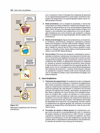 164 Clark, Finkel, Rey & Whalen
. . . Vertigens
Contraas
náuseas
devidaa. • .
,,
. . . Doençado
movimento
Contraas
náuseas
o
o
devidaa. • .
. . . Quimioterapia
docâncer
Contraas
náuseas
devidaa. • .
. . . Radioterapia
Figura 13.5
o
o
Mec/i
zina
Dimenidrinato
Escopolamina
Prometazina
o
o
o
o
Domper
idônio
Ha/oper
idol
Metoc/opramida
Proc/operazina
Tietilperazina
Domperidônio
Aplicações terapêuticas dos fármacos
antieméticos.
com o tratamento crônico. O bloqueio dos receptores de dopamina
na via nigroestriatal provavelmente causa esses movimentos inde­
sejados. Os antipsicóticos de segunda geração exibem menor inci­
dência desses sintomas.
3. Efeito antiemético. Com a exceção da aripiprazo/, a maioria dos
antipsicóticos tem efeito antiemético mediado pelo bloqueio dos re­
ceptores D2dopaminérgicos da zona quimiorreceptora disparadora
bulbar. (Ver p. 357 para uma discussão sobre êmese.) A Figura 13.5
resume o uso antiemético dos antipsicóticos, junto com as aplica­
ções terapêuticas dos outros fármacos que combatem a náusea.
(Nota: os antipsicóticos de segunda geração não são usados como
4.
5.
antieméticos.)
Efeitos anticolinérgicos. Alguns dos antipsicóticos, particularmen­
te tioridazina, clorpromazina, clozapina e olanzapina, produzem
efeitos anticolinérgicos, incluindo visão borrada, sedação, xerosto­
mia (com exceção da clozapina, que aumenta a salivação), confu­
são e inibição do músculo liso do TGI e urinário, levando à consti­
pação e à retenção urinária. Esses efeitos anticolinérgicos podem
reduziro risco de SEP destes fármacos.
Outros efeitos. O bloqueio dos receptores a-adrenérgicos causa hi­
potensão ortostática e cefaleia leve. Os antipsicóticos também alte­
ram os mecanismos de regulação datemperatura e podem produzir
poiquilotermia (condição na qual a temperatura corporal varia com
o ambiente). Na hipófise, os antipsicóticos bloqueiam os receptores
D2, levando ao aumento da liberação de prolactina. Esse aumento
é menos provável com os antipsicóticos de segunda geração. Se­
dação ocorre com os neurolépticos que são potentes bloqueadores
dos receptores de histamina H,, incluindo clorpromazinal, olanzapi­
na, quetiapina e clozapina. Também pode ocorrer disfunção sexual
com os neurolépticos devido a suas características de ligação com
vários receptores.
C. Usos terapêuticos
1. Tratamento da esquizofrenia. Os antipsicóticos são considerados
como os únicos fármacos eficazes no tratamento da esquizofrenia.
Nem todos os pacientes respondem a eles, e a completa normali­
zação do comportamento raramente é alcançada. Os antipsicóticos
de primeira geração são mais eficazes no tratamento dos sintomas
positivos da esquizofrenia (ilusões, alucinações, processamento
das ideias e agitação). Os novos fármacos com atividade bloque­
adora do receptor 5HT2A podem ser eficazes em muitos pacien­
tes que resistem aos neurolépticos tradicionais, especialmente no
tratamento dos sintomas negativos da esquizofrenia (isolamento
social, comprometimento das emoções, ambivalência e diminuição
da capacidade de se relacionar com as pessoas). Contudo, mesmo
os antipsicóticos de segunda geração não melhoram os sintomas
negativos da esquizofrenia consistentemente mais do que os fár­
macos típicos.
2. Prevenção da náusea e êmese graves. Os antipsicóticos anti­
gos (mais comumente a proclorperazi
na) são úteis no tratamento
da náusea induzida por fármacos (ver p. 358). Contudo, a náusea
originada do movimento deve ser tratada com sedativos, anti-hista­
mínicos e anticolinérgicos, em vez dos antipsicóticos, que são mais
potentes. (Nota: a escopolamina, administrada porviatransdérmica,
é o fármaco de escolha contra a doença do movimento.)
 
