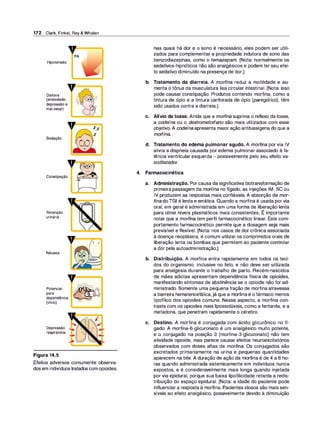 172 Clark, Finkel, Rey & Whalen
v===l
PA
Hipotensão
,,
Disforia
(ansiedade,
depressão e
mal-estar)
,,
Sedação
,,
Constipação
Retenção
urinária
Náusea
v=
V
Potencial
para
dependência
(vício)
Depressão
respiratória
Figura 14.5
�''
Z z
o
o
Efeitos adversos comumente observa­
dos em indivíduostratados com opioides.
b.
e.
nas quais há dor e o sono é necessário, eles podem ser utili­
zados para complementar a propriedade indutora de sono das
benzodiazepinas, como o temazepam. (Nota: normalmente os
sedativos-hipnóticos não são analgésicos e podem ter seu efei­
to sedativo diminuído na presença de dor.)
Tratamento da diarreia. A morfina reduz a motilidade e au­
menta o tônus da musculatura lisa circular intestinal. (Nota: isso
pode causar constipação. Produtos contendo morfina, como a
tintura de ópio e a tintura canforada de ópio [paregórico], têm
sido usados contra a diarreia.)
Alívio da tosse. Ainda que a morfina suprima o reflexo da tosse,
a codeína ou o dextrometorfano são mais utilizados com esse
objetivo. A codeína apresenta maior ação antitussígena do que a
morfina.
d. Tratamento do edema pulmonar agudo. A morfi
na por via IV
alivia a dispneia causada por edema pulmonar associado à fa­
lência ventricular esquerda - possivelmente pelo seu efeito va­
sodilatador.
4. Farmacocinética
a. Administração. Por causa da significativa biotransformação de
primeira passagem da morfina no fígado, as injeções IM, SC ou
IV produzem as respostas mais confiáveis. A absorção da mor­
fina doTGI é lenta e errática. Quando a morfina é usada por via
oral, em geral é administrada em uma forma de liberação lenta
,
para obter níveis plasmáticos mais consistentes. E importante
notar que a morfi
na tem perfil farmacocinético linear. Este com­
portamento farmacocinético permite que a dosagem seja mais
previsível e flexível. (Nota: nos casos de dor crônica associada
à doença neoplásica, é comum utilizar os comprimidos orais de
liberação lenta ou bombas que permitem ao paciente controlar
a dor pela autoadministração.)
b. Distribuição. A morfina entra rapidamente em todos os teci­
dos do organismo, inclusive no feto, e não deve ser utilizada
para analgesia durante o trabalho de parto. Recém-nascidos
de mães adietas apresentam dependência física de opioides,
manifestando sintomas de abstinência se o opioide não for ad­
ministrado. Somente uma pequena fração de morfina atravessa
a barreira hematencefálica, já que a morfinaé o fármaco menos
lipofílico dos opioides comuns. Nesse aspecto, a morfina con­
trasta com os opioides mais lipossolúveis, como a fentanila, e a
metadona, que penetram rapidamente o cérebro.
e. Destino. A morfina é conjugada com ácido glicurônico no fí­
gado. A morfina-6-glicuronato é um analgésico muito potente,
e o conjugado na posição 3 (morfina-3-glicuronato) não tem
atividade opioide, mas parece causar efeitos neuroexcitatórios
observados com doses altas de morfi
na. Os conjugados são
excretados primariamente na urina e pequenas quantidades
aparecem na bile. A duração de ação da morfina é de 4 a 6 ho­
ras quando administrada sistemicamente em indivíduos nunca
expostos, e é consideravelmente mais longa quando injetada
por via epidural, porque sua baixa lipofilicidade retarda a redis­
tribuição do espaço epidural. (Nota: a idade do paciente pode
influenciar a resposta à morfina. Pacientes idosos são mais sen­
síveis ao efeito analgésico, possivelmente devido à diminuição
 