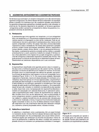 V. AGONISTAS-ANTAGONISTAS E AGONISTAS PARCIAIS
Os fármacos que estimulam um receptore bloqueiam outro são denominados
agonistas-antagonistas. Os efeitos desses fármacos dependem da exposição
prévia a opioides. Em indivíduos que não receberam opioides recentemente,
os agonistas-antagonistas apresentam atividade agonista e são utilizados no
alívio da dor. No paciente dependente de opioides, os fármacos agonistas­
-antagonistas podem apresentar principalmente efeitos bloqueadores (i.e.,
produzem sintomas de abstinência).
A. Pentazocina
A pentazoci
na age como agonista nos receptores K e é um antagonista
fraco nos receptores µ e S. Ela promove analgesiaativando receptores na
medula espinal e é empregada no alívio da dor moderada. Pode ser ad­
ministrada porvia oral ou parenteral.A pentazoci
na produz menos euforia
quando comparada à morfina. Em doses mais altas, provoca depressão
respiratória e reduz a atividade doTGI. Doses altas aumentam a pressão
arterial e podem causar alucinações, pesadelos, distaria, taquicardia e
tontura (devido a esses últimos efeitos, o uso de pentazocina diminuiu).
Na angina, a pentazocina aumenta a pressão aórtica média e a pressão
arterial pulmonare, assim, aumenta otrabalho do coração. O fármaco re­
duz ofluxo plasmático renal. Apesar de sua ação antagonista, apentazo­
cina não antagoniza a depressão respiratória causada pela morfina, mas
pode provocar a síndrome de abstinência no dependente desse fármaco.
Desenvolvem-se tolerância e dependência com o uso continuado.
B. Buprenorfina
A buprenorfina é classificada como agonista parcial e atua no receptor µ.
Ela atua como a morfina em pacientes que não usaram morfina, mas pode
precipitar a síndrome de abstinência em viciados em morfina. Um de seus
principais usos é na desintoxicação dos adietas de opioides, pois provo­
ca sintomas de abstinência mais suaves e curtos em comparação com a
metadona (Figura 14.08 e 14.1 1). Ela causa pouca sedação, depressão
respiratória e hipotensão, mesmo em doses elevadas. Em contraste com a
metadona, disponível apenas em clínicas especializadas, a buprenorfina é
aprovada paradesintoxicação ou manutenção ambulatorial. A buprenorfina
é administrada por via sublingual, parenteral ou transdérmica e tem longa
duração de ação devido à sua forte ligação ao receptor µ. Os comprimidos
desse fármaco são indicados no tratamento da dependência dos opioides
e estão disponíveis como monopreparado de buprenorfina (Subutex) e
também em associação com naloxone (Suboxone). A naloxona foi adicio­
nada à buprenorfina para evitar o abuso de buprenorfima via injeção IV.
Não há efeito clínico com uso de naloxona oral, mas na administração IV
ocorre antagonismo opoide e o paciente experimenta a abstinência. A for­
ma injetável e o adesivo transdérmico de uso semanal são indicados para
o alívio da dor moderada a intensa. A buprenorfina é biotransformada pelo
fígado e excretada na bile e na urina. Os efeitos adversos incluem depres­
são respiratória que não é facilmente revertida pela naloxona e redução
(ou, raramente, aumento) da pressão arterial, náuseas e tontura.
C. Nalbufina e butorfanol
A nalbufina e o butorfanol, como a pentazoci
na, têm um papel limitado
no tratamento da dor crônica. Nenhum desses fármacos está disponível
para administração oral. Sua predisposição para causar efeitos psicoto­
miméticos (ações que mimetizam os sintomas de psicose) é menor do
que a da pentazocina. A nalbufina não afeta o coração nem aumenta a
pressão arterial, em contraste com pentazoci
na e butorfanol. A vantagem
rJ
100
o
'B.
as
::::1 50
-
e
o
Q.
o
100
o
'B.
.ã 50
e
�
o
Farmacologia Ilustrada 177
Compulsãoporopioide
Piacebo

I
Buprenorfina
1 2 3
Semanas
Impressãodoindivíduo
sobreoestadogeral
4
o ���������
o
100
o
•Ili
u.
.ã 50
e
o
Q.
o
o
1 2 3
Semanas
Impressãodoclínico
sobreoestadogeral
Semanas
1 2 3
Figura 14.11
4
4
Pontuação da compulsão por opioide e
do estado geral em pacientes adietas
de opioide inscritos para tratamento em
consultóriocom buprenorfinaou placebo.
 