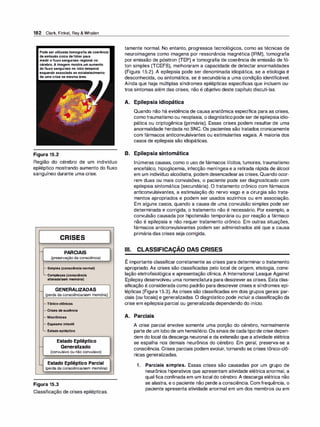 182 Clark, Finkel, Rey & Whalen
Podeserutilizadatomografiadecoerência
deemissãoúnicadefótonpara
medirofluxosanguíneoregionalno
cérebro.Aimagemmostraumaumento
dofluxosanguíneonolobotemporal
esquerdoassociadoaoestabelecimento
deumacrisenamesmaárea.
Figura 15.2
Região do cérebro de um indivíduo
epiléptico mostrando aumento do fluxo
sanguíneo durante uma crise.
CRISES
- PARCIAIS
(preservação da consciência)
,_ Simples(consciêncianormal)
-Complexas(consciência
alterada/semmemória)
-
GENERALIZADAS
(perda da consciência/sem memória)
,_Tônico-clônicas
,_Crisesdeausência
,_Mioclônicas
-Espasmoinfantil
-Estadoepiléptico
Estado Epiléptico
- Generalizado
(convulsivo ou não convulsivo)
- Estado Epiléptico Parcial
(perda da consciência/sem memória)
Figura 15.3
Classificação de crises epilépticas.
tamente normal. No entanto, progressos tecnológicos, como as técnicas de
neuroimagens como imagens por ressonância magnética (IRM), tomografia
por emissão de pósitron (TEP) e tomografia de coerência de emissão de fó­
ton simples (TCEFS), melhoraram a capacidade de detectar anormalidades
(Figura 15.2). A epilepsia pode ser denominada idiopática, se a etiologia é
desconhecida, ou sintomática, se é secundária a uma condição identificável.
Ainda que haja múltiplas síndromes epilépticas específicas que incluem ou­
tros sintomas além das crises, não é objetivo deste capítulo discuti-las.
A. Epilepsia idiopática
Quando não há evidência de causa anatômica específica para as crises,
comotraumatismo ou neoplasia, o diagnóstico pode ser de epilepsia idio­
pática ou criptogênica (primária). Essas crises podem resultar de uma
anormalidade herdada no SNC. Os pacientes são tratados cronicamente
com fármacos anticonvulsivantes ou estimulantes vagais. A maioria dos
casos de epilepsia são idiopáticas.
B. Epilepsia sintomática
Inúmeras causas, como o uso de fármacos ilícitos, tumores, traumatismo
encefálico, hipoglicemia, infecção meníngea e a retirada rápida de álcool
em um indivíduo alcoólatra, podem desencadearas crises. Quando ocor­
rem duas ou mais convulsões, o paciente pode ser diagnosticado com
epilepsia sintomática (secundária). O tratamento crônico com fármacos
anticonvulsivantes, a estimulação do nervo vago e a cirurgia são trata­
mentos apropriados e podem ser usados sozinhos ou em associação.
Em alguns casos, quando a causa de uma convulsão simples pode ser
determinada e corrigida, o tratamento não é necessário. Por exemplo, a
convulsão causada por hipotensão temporária ou por reação a fármaco
não é epilepsia e não requer tratamento crônico. Em outras situações,
fármacos anticonvulsivantes podem ser administrados até que a causa
primária das crises seja corrigida.
-
Ili. CLASSIFICAÇAO DAS CRISES
,
E importante classificar corretamente as crises para determinar o tratamento
apropriado. As crises são classificadas pelo local de origem, etiologia, corre­
lação eletrofisiológica e apresentação clínica. A lnternational Leaque Against
Epilepsy desenvolveu uma nomenclatura para descrever as crises. Esta clas­
sificação é considerada como padrão para descrever crises e síndromes epi­
lépticas (Figura 15.3). As crises são classificadas em dois grupos gerais: par­
ciais (ou focais) e generalizadas. O diagnóstico pode incluir a classificação da
crise em epilepsia parcial ou generalizada dependendo do início.
A. Parciais
A crise parcial envolve somente uma porção do cérebro, normalmente
parte de um lobo de um hemisfério. Os sinais de cadatipo de crise depen­
dem do local da descarga neuronal e da extensão que a atividade elétrica
se espalha nos demais neurônios do cérebro. Em geral, preserva-se a
consciência. Crises parciais podem evoluir, tornando se crises tônico-clô­
nicas generalizadas.
1. Parciais simples. Essas crises são causadas por um grupo de
neurônios hiperativos que apresentam atividade elétrica anormal, a
qual fica confinada em um local do cérebro. A descarga elétrica não
se alastra, e o paciente não perde a consciência. Com frequência, o
paciente apresenta atividade anormal em um dos membros ou em
 