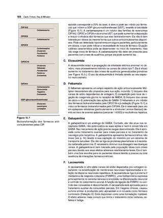 186 Clark, Finkel, Rey & Whalen
CIP1A2
CIP2C8
CIP2C9
CIP2C19
CIP3A4
Carbamazepina
Carbamazepina
Carbamazepina
Diva/proex
Fenobarbital
Fenitoí
na
Diva/proex
Felbamato
Fenobarbital
Fenitoína
Zonisamida
Carbamazepina
Etosuximida
Ti
agabina
Zonisamida
UDP-glicurosoniltransferase
Figura 15.7
Diva/proex
Lamotrigina
Lorazepam
Biotransformação dos fármacos anti­
convulsivantes pelas CIP.
epóxido corresponde a 25°
/
o da dose, é ativo e pode ser inibido por fárma­
cos que inibem a UDP-glicuronosiltransferase (UGT), levando à toxicidade
(Figura 15.7). A carbamazepina é um indutor das famílias de isoenzimas
CIP1A2, CIP2C eCIP3Aedaenzima UGT, que pode aumentaradepuração
e reduzir a eficácia dos fármacos que elas biotransformam. Ela não é bem
tolerada por idosos da mesmaforma que outros anticonvulsivantes disponí­
veis. Pode serdetectada hiponatremiaem alguns pacientes, particularmente
em idosos, o que pode indicara necessidade de troca de fármaco. Erupção
cutânea característica pode se desenvolver no início do tratamento, mas
não exige troca de fármaco. A carbamazepina não deve ser prescrita para
pacientes com crises de ausência, porque ela pode aumentá-las.
C. Etosuximida
A etosuximida reduz a propagação da atividade elétrica anormal no cé­
rebro, mais provavelmente inibindo os canais de cálcio tipoT. Ela é eficaz
somente no tratamento das crises de ausência generalizadas primárias
(ver Figura 15.5.). O uso da etosuximida é limitado devido ao seu espec­
tro muito estreito.
D. Felbamato
O felbamato apresenta um amplo espectro de ação anticonvulsivante. Múl­
tiplos mecanismos são propostos para sua ação, incluindo 1) bloqueio dos
canais de sódio dependentes de voltagem; 2) competição pelo local de li­
gação do coagonista glicina no receptor de NMDA; 3) bloqueio dos canais
de cálcio e 4) potenciação das ações do GABA. O felbamato é um inibidor
dos fármacos biotransformados pela CIP2C19 e [3-oxidação (Figura 15.7) e
induzosfármacos biotransformados pelo CIP3A4. Ele é reservado para uso
em epilepsias refratárias (particularmente a síndrome Lennox-Gastaut) de­
vidoao risco de anemia aplástica (cercade 1 :4.000) e insuficiência hepática.
E. Gabapentina
A gabapentina é um análogo do GABA. Contudo, ela não atua nos re­
ceptores GABA, não potencializa as suas ações e nem é convertida em
GABA. Seu mecanismo de ação preciso segue desconhecido. Ela é apro­
vada como tratamento auxiliar para crises parciais e no tratamento da
neuralgia pós-herpética. A gabapentina apresenta farmacocinética não
linear (ver p. 14) devido à sua captação do intestino por um sistema de
transporte saturável. Ela não se liga às proteínas plasmáticas e é excreta-
,
da inalterada pelos rins. E necessário diminuir suadosagem nas doenças
renais. A gabapentina é bem tolerada pela população idosa com crises
parciais devido aos seus efeitos adversos relativamente leves. Ela é tam­
bém uma boa escolha para os pacientes idosos devido a poucas ou total
ausência de interações farmacocinéticas.
F. Lacosamida
A lacosamida in vitro afeta canais de sódio disparados por voltagem re­
sultando na estabilização de membranas neuronais hiperexcitadas e ini­
bição de disparos neuronais repetitivos. A /acosamida se liga à proteína 2
mediadora da resposta colapsina (P2MRC), uma fosfoproteína expressa
princiaplmente no sistema nervoso e envolvida nadiferenciação neuronal
e controle do crescimento axonal.A função da ligação da P2MRC no con­
trole das convulsões é desconhecido. A /acosamida está aprovada para o
tratamento auxiliar de convulsões parciais. Em triagens clínicas, causou
euforia similar à produzida pelo alprazolam e é rotulada como fármaco
controlado (Relação V). Está disponível como uma formulação injetável.
O efeito adverso mais comum que limita o tratamento inclui tonturas, ce­
faleia e fadiga.
 